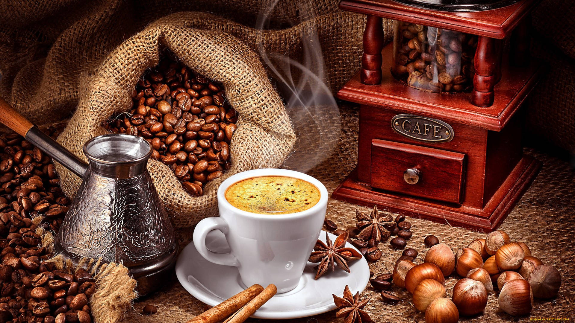 fresh mug of coffee, coffee beans, burlap sack of beans, Full HD Desktop Wallpaper
