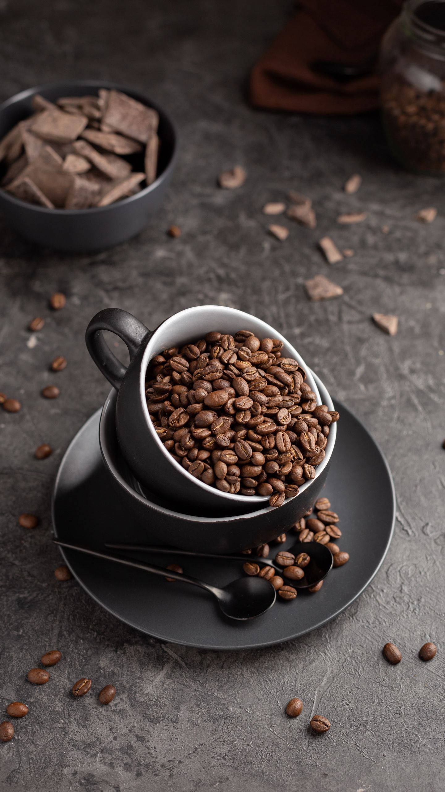 sleek black cup, roasted coffee beans, saucer, 2K Phone Wallpaper