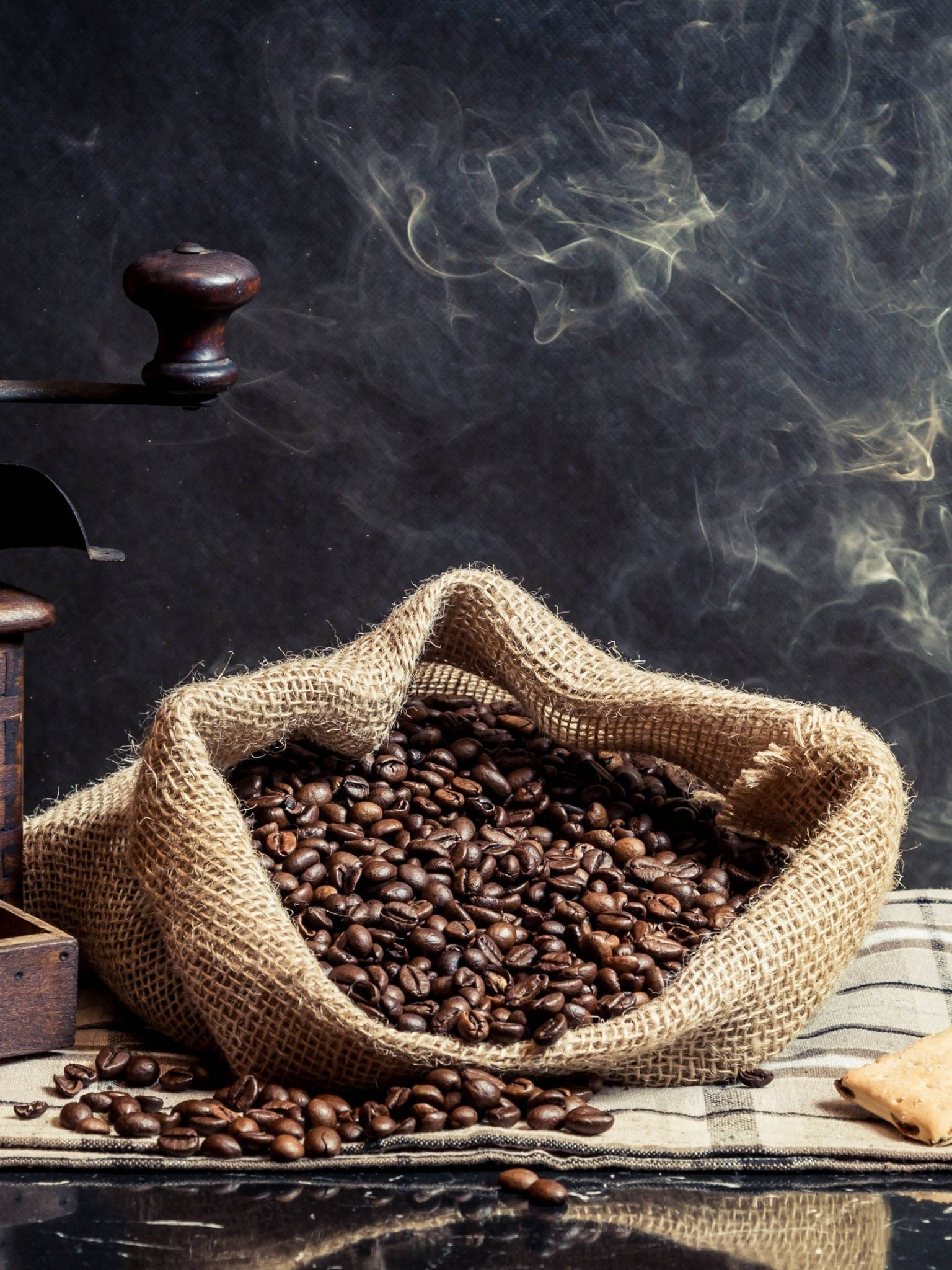 burlap sack, roasted coffee beans, wooden grinder, Full HD Phone Wallpaper