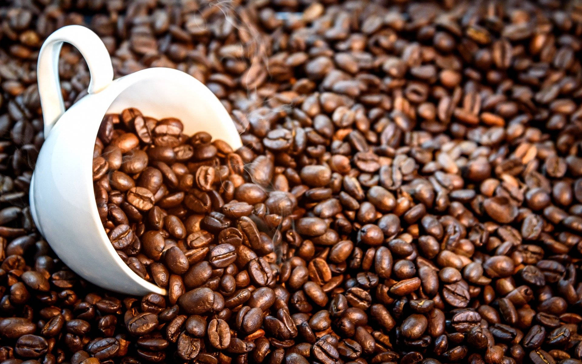 white ceramic mug, steaming roasted coffee beans, dark brown beans, Full HD Desktop Wallpaper