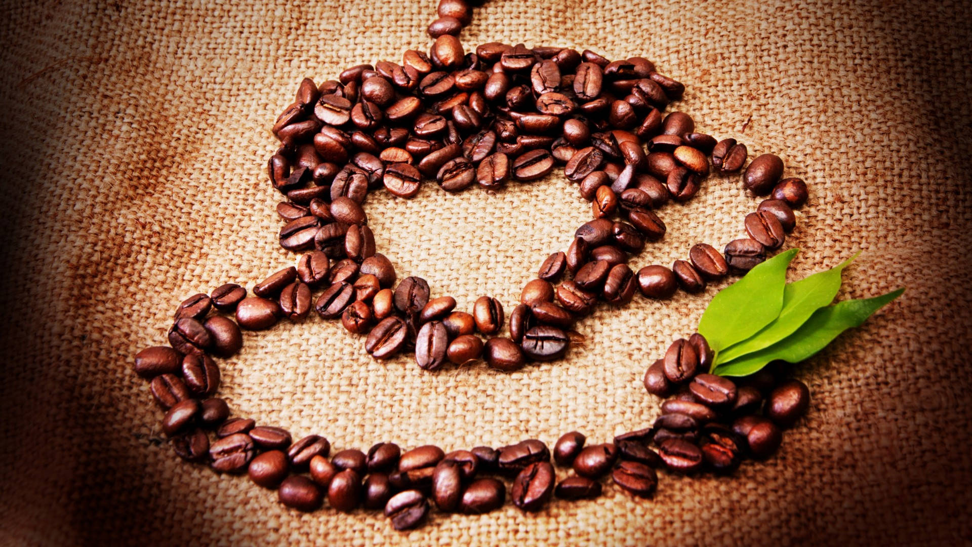 coffee beans, cup shape, burlap, Full HD Desktop Wallpaper
