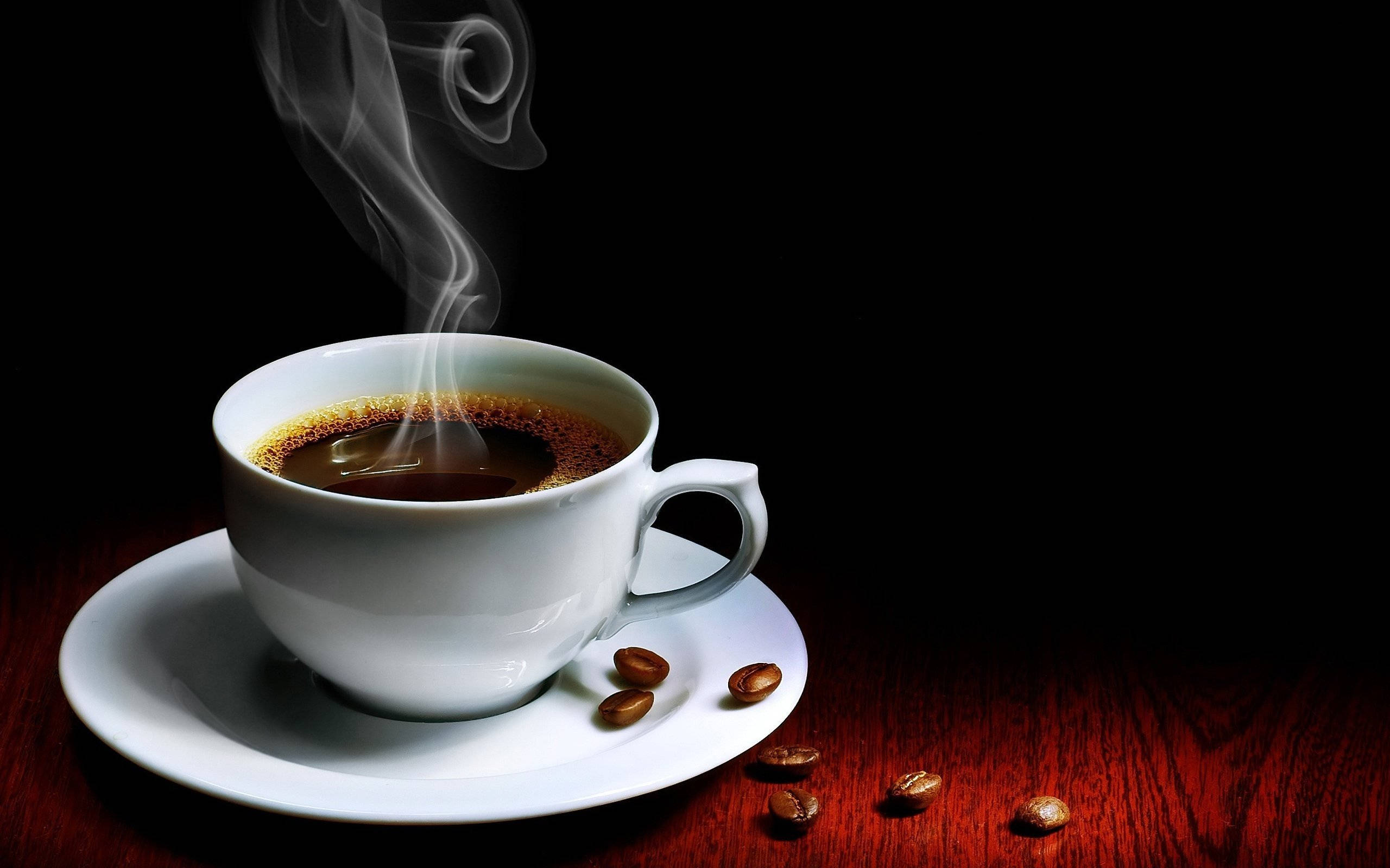 black coffee, white saucer, scattered beans, 2K Desktop Wallpaper