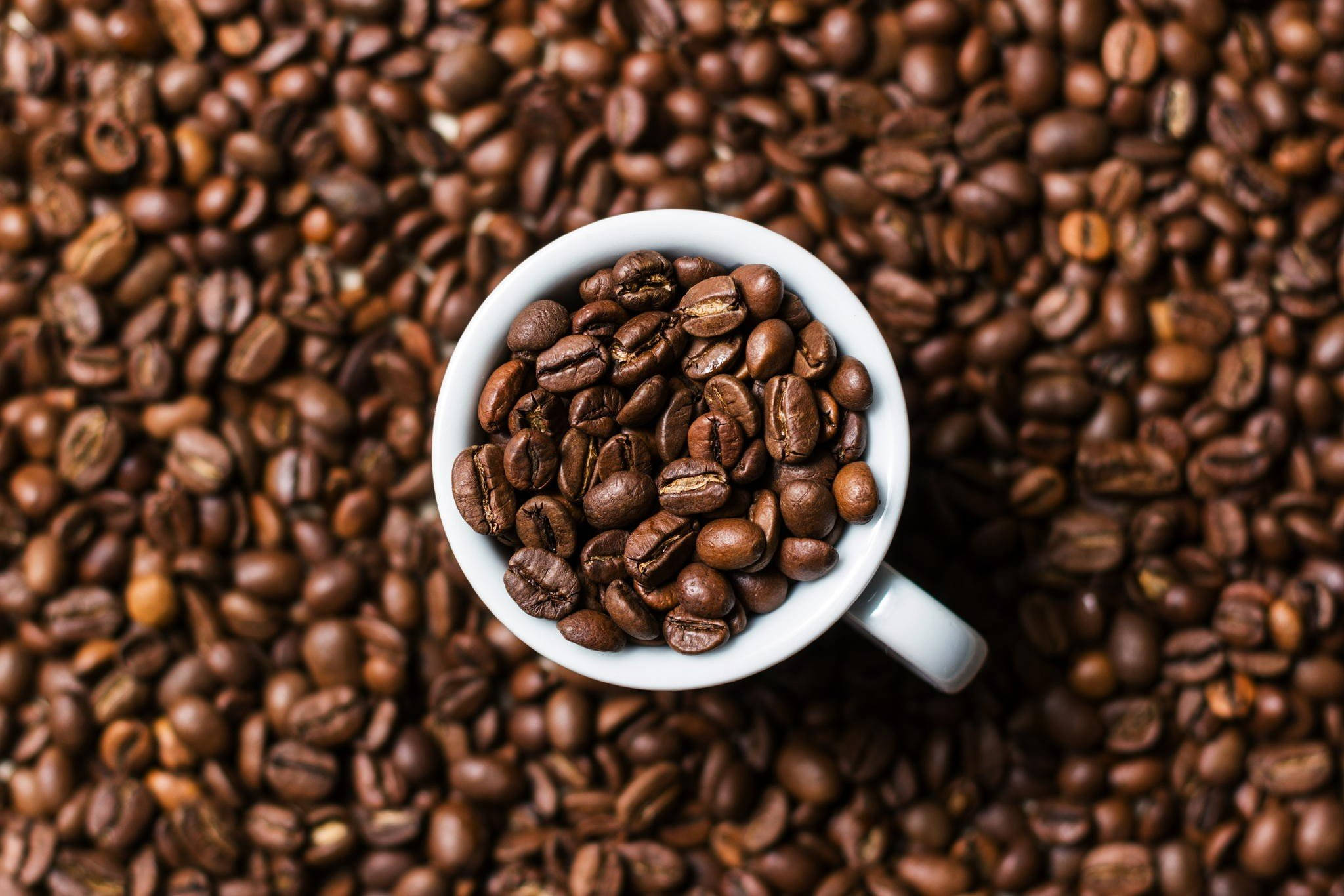 white ceramic mug, roasted coffee beans, top-down shot, Full HD Desktop Wallpaper