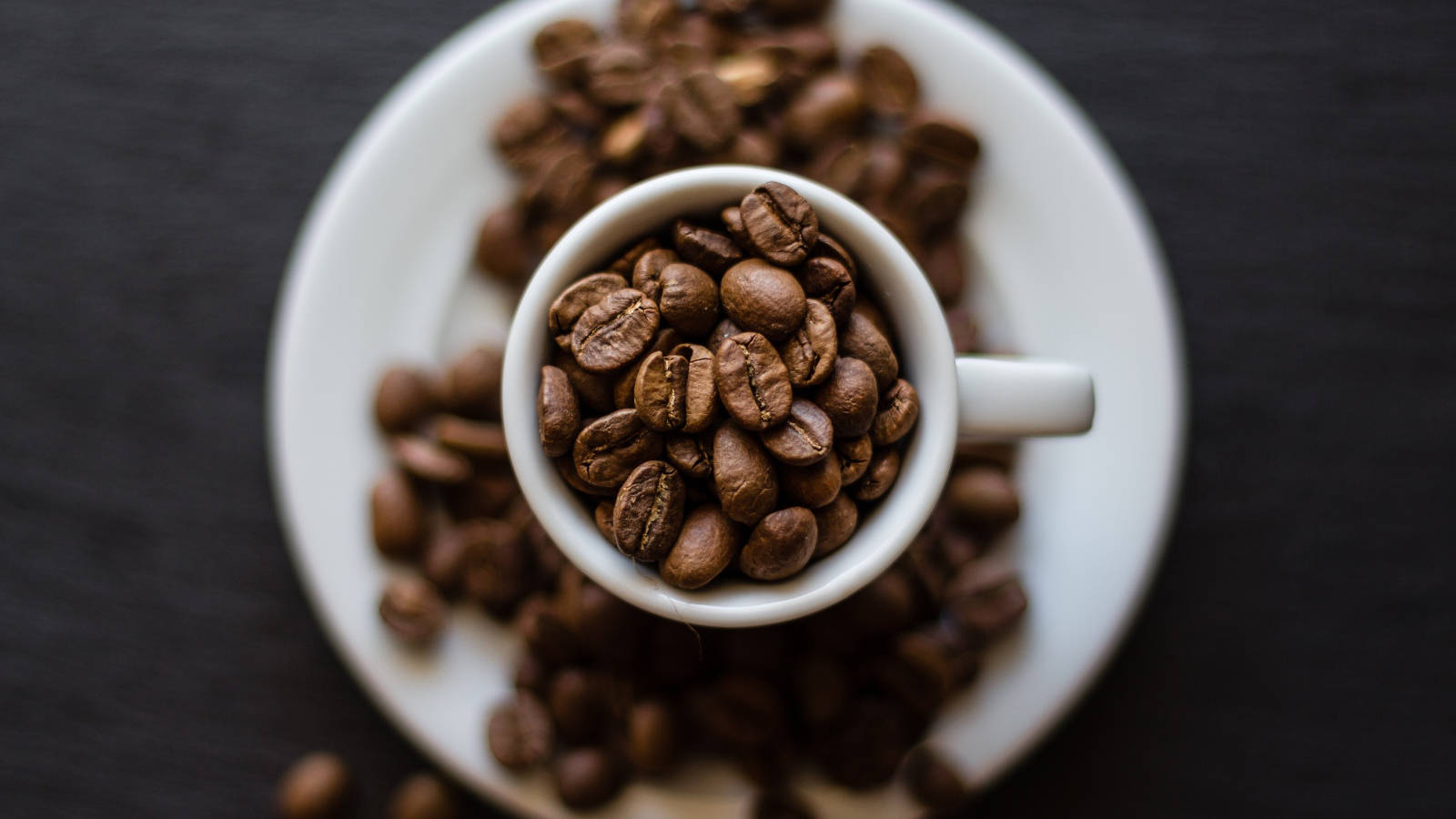white ceramic cup, roasted coffee beans, matching saucer, HD Desktop Wallpaper