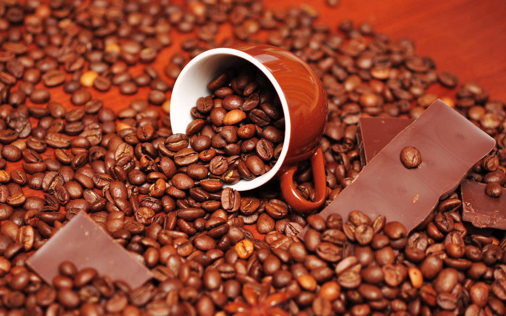 red cup, ceramic mug, roasted coffee beans, Full HD Desktop Wallpaper