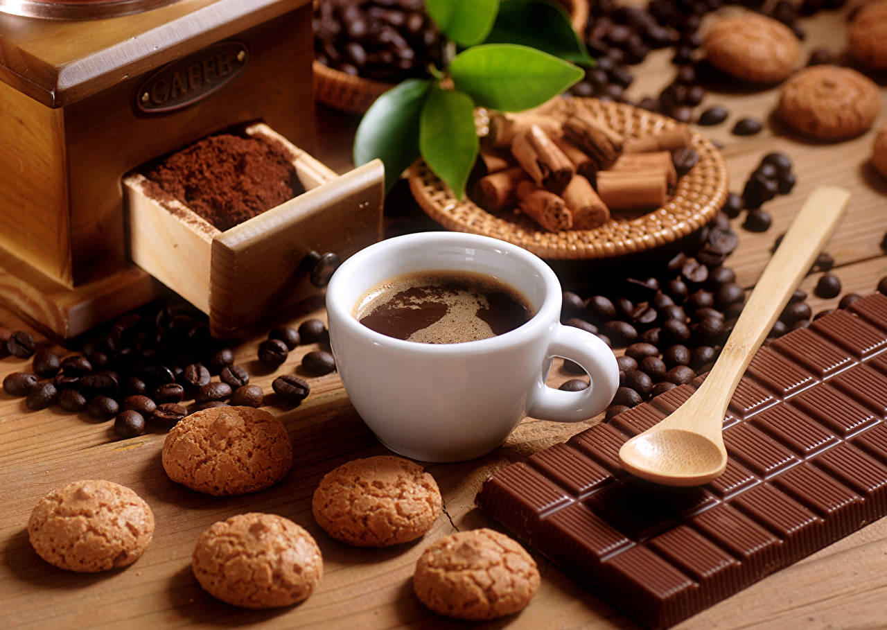 coffee cup, sweets, coffee beans, HD Desktop Wallpaper