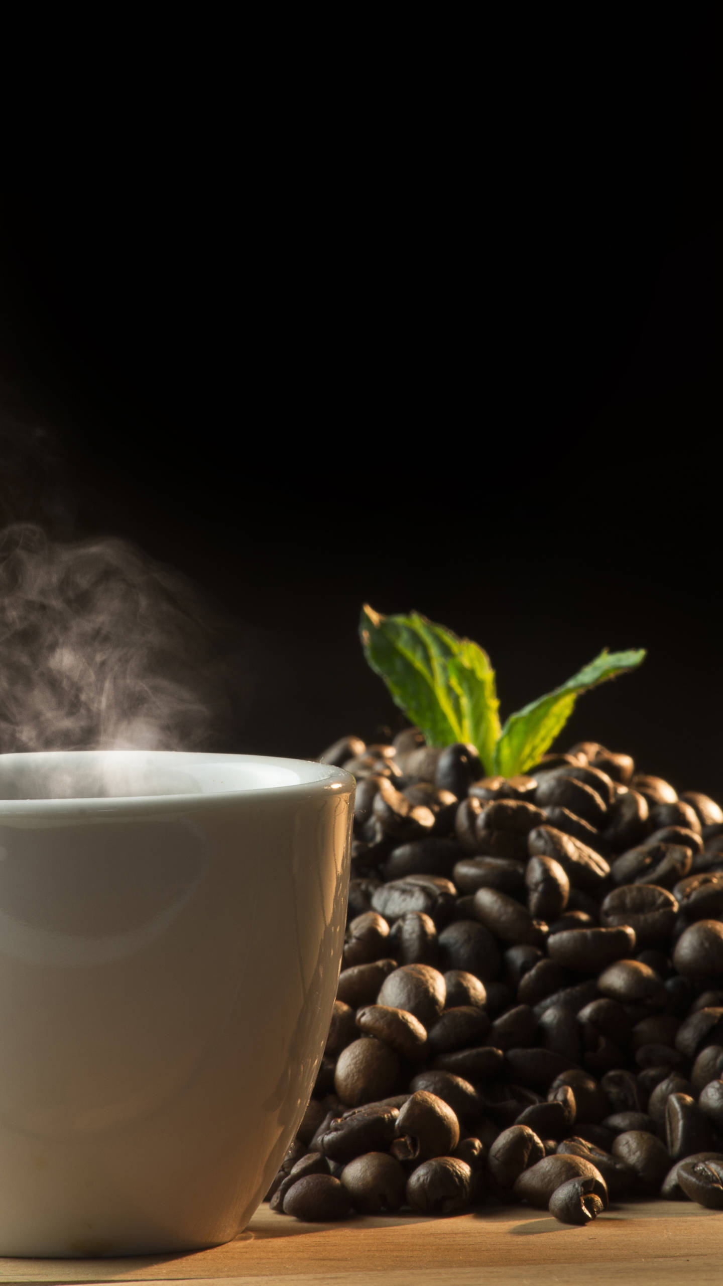 coffee cup, coffee beans, roasted beans, 2K Phone Wallpaper