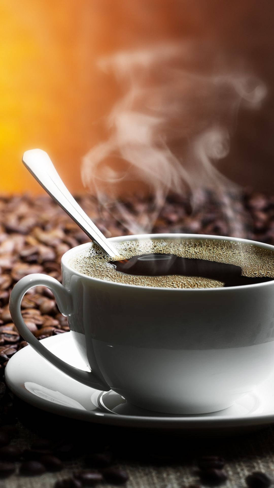 steaming white coffee cup, spoon, saucer, Full HD Phone Wallpaper