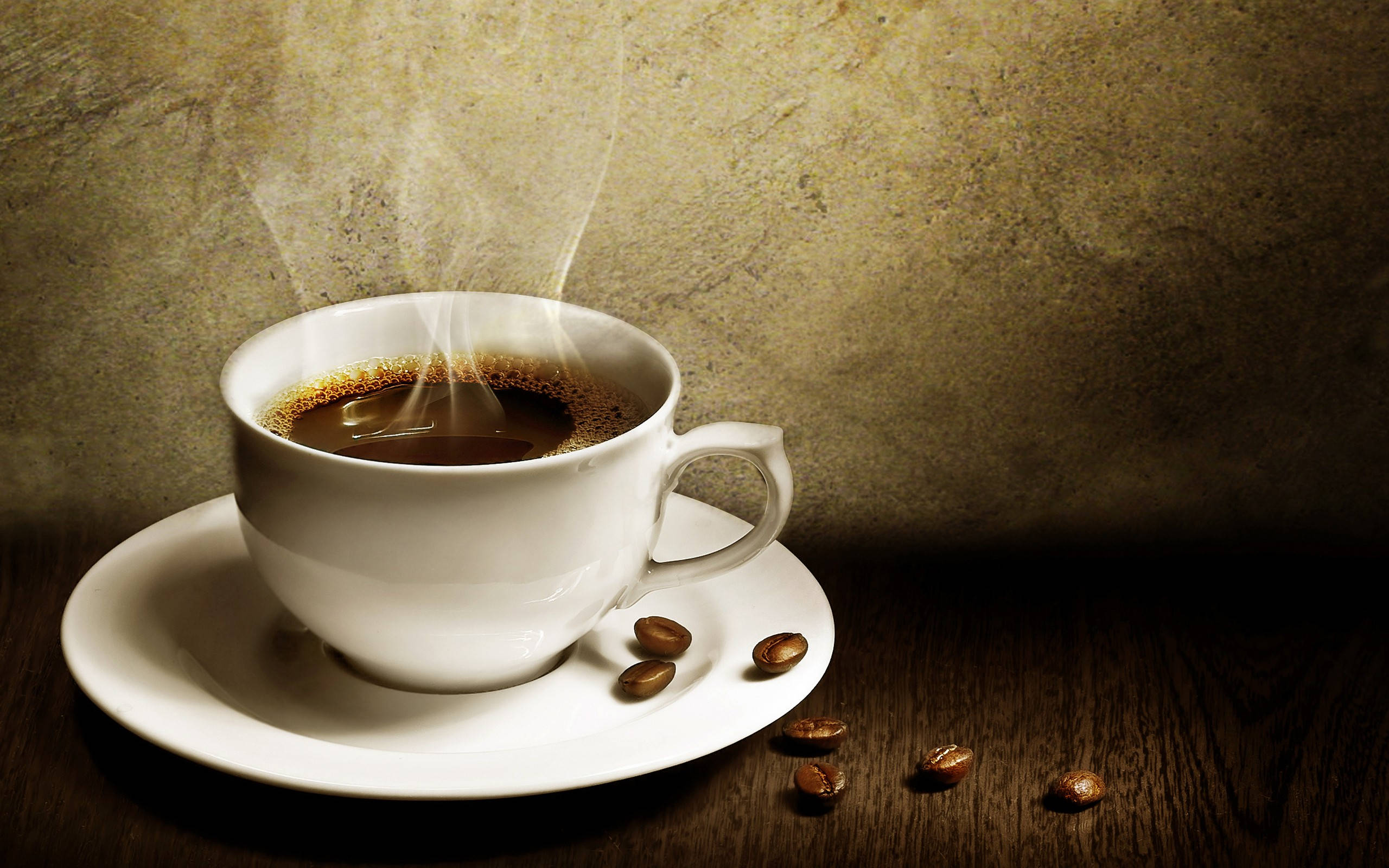 steaming coffee cup, white coffee cup, saucer, 2K Desktop Wallpaper