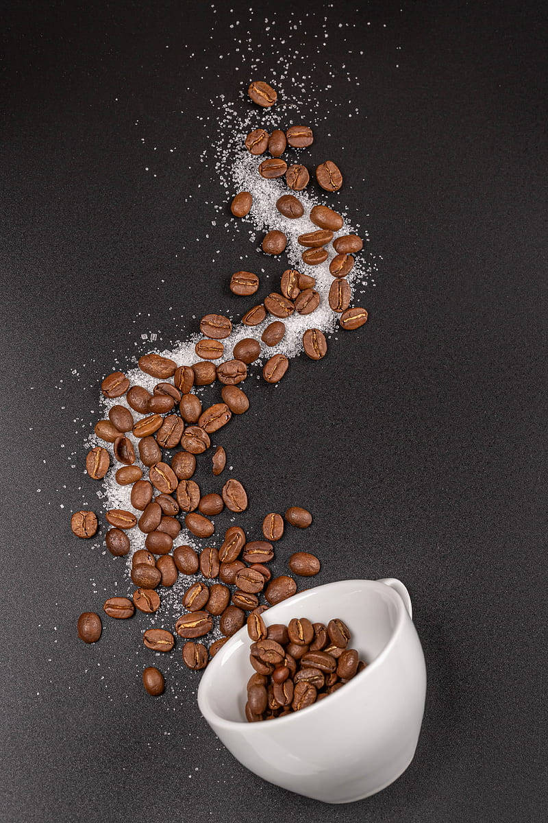white ceramic cup, roasted coffee beans, sugar, SD Phone Wallpaper