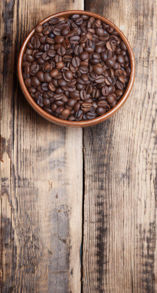 coffee beans, earthenware bowl, rustic wooden bowl, SD Phone Wallpaper