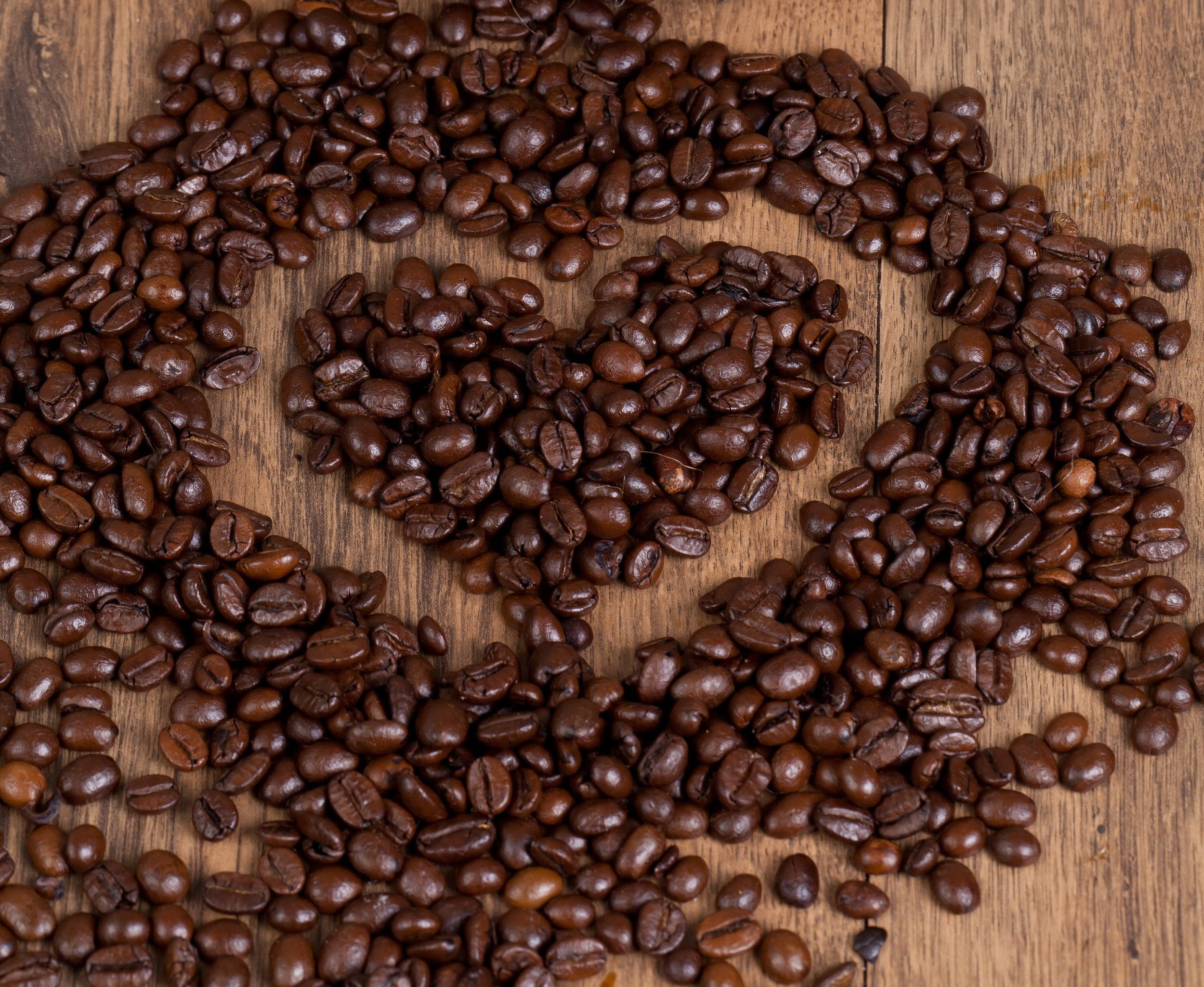 dark roast coffee beans, heart shape, rustic wooden surface, Full HD Desktop Wallpaper