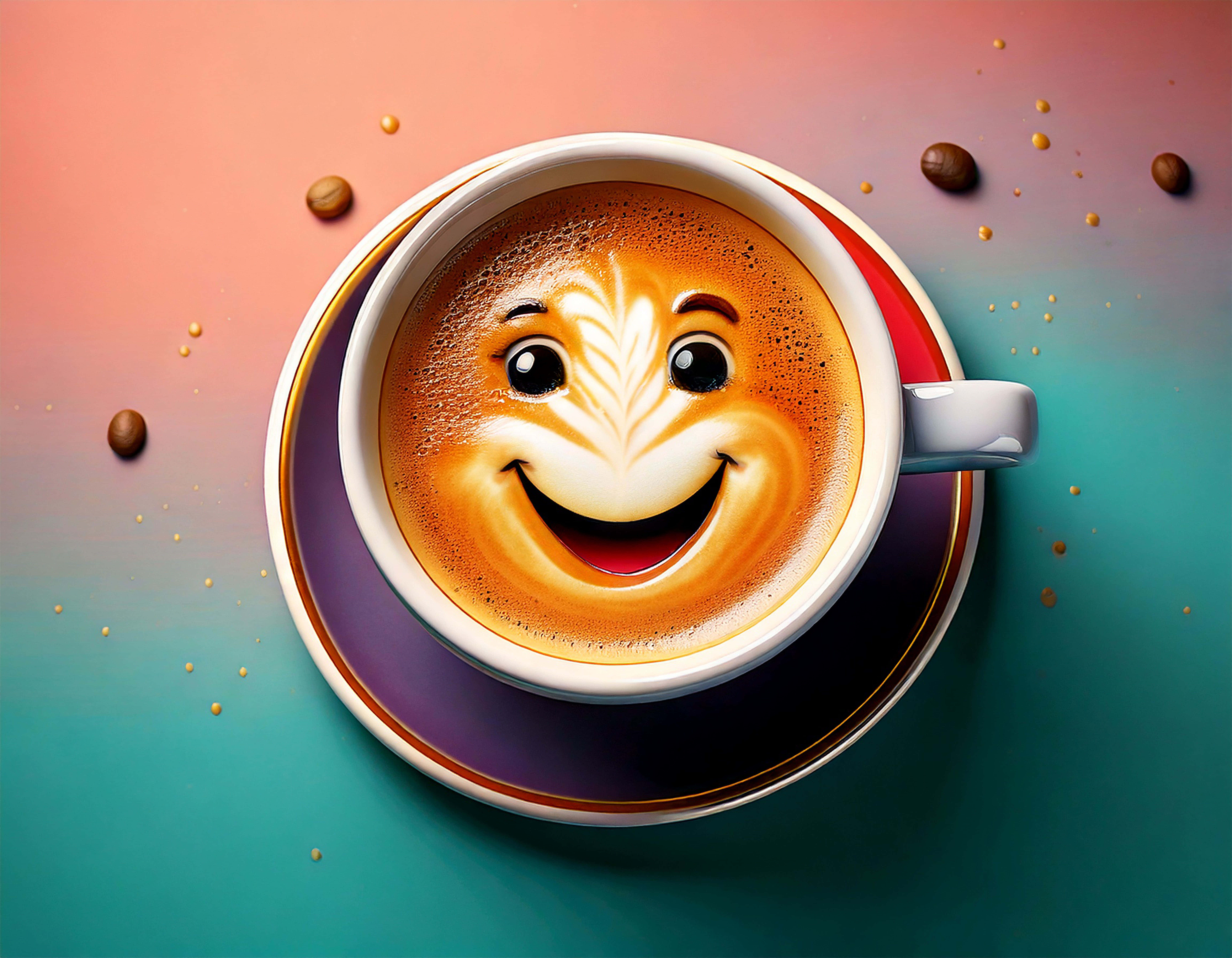 cute coffee cup with a smile, latte art face, white cup, 8K Desktop Wallpaper