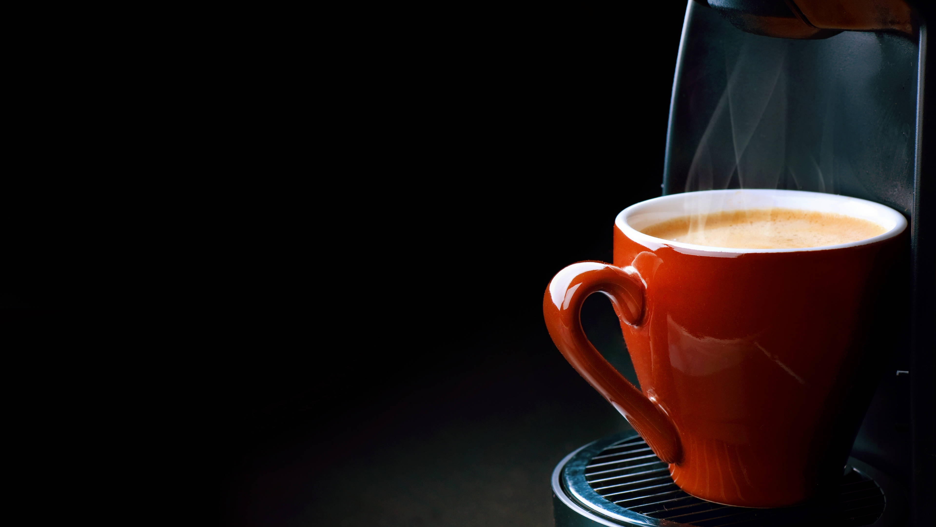 red coffee cup, ceramic mug, steaming coffee, 4K Desktop Wallpaper