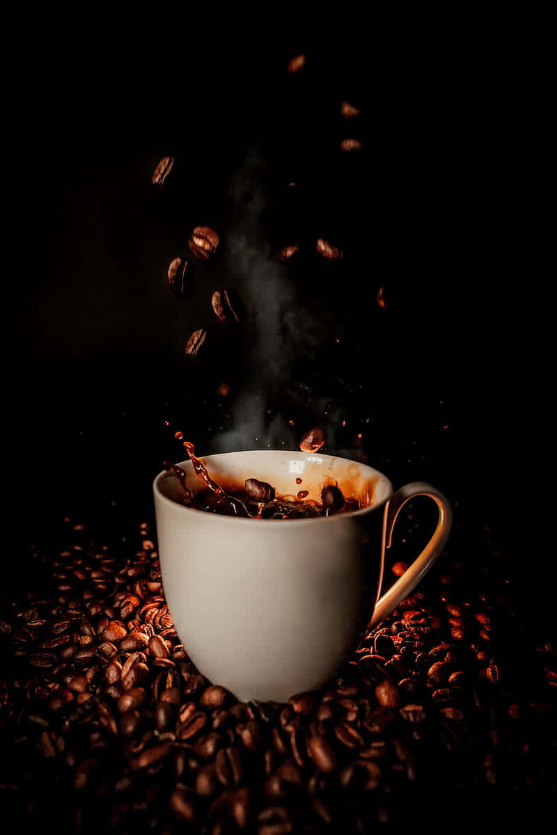 cup of coffee beans, steaming white coffee cup, coffee beans, SD Phone Wallpaper