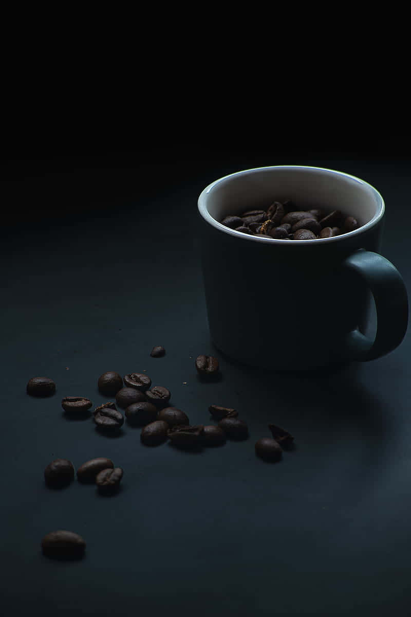 white mug, dark roasted coffee beans, black surface, SD Phone Wallpaper