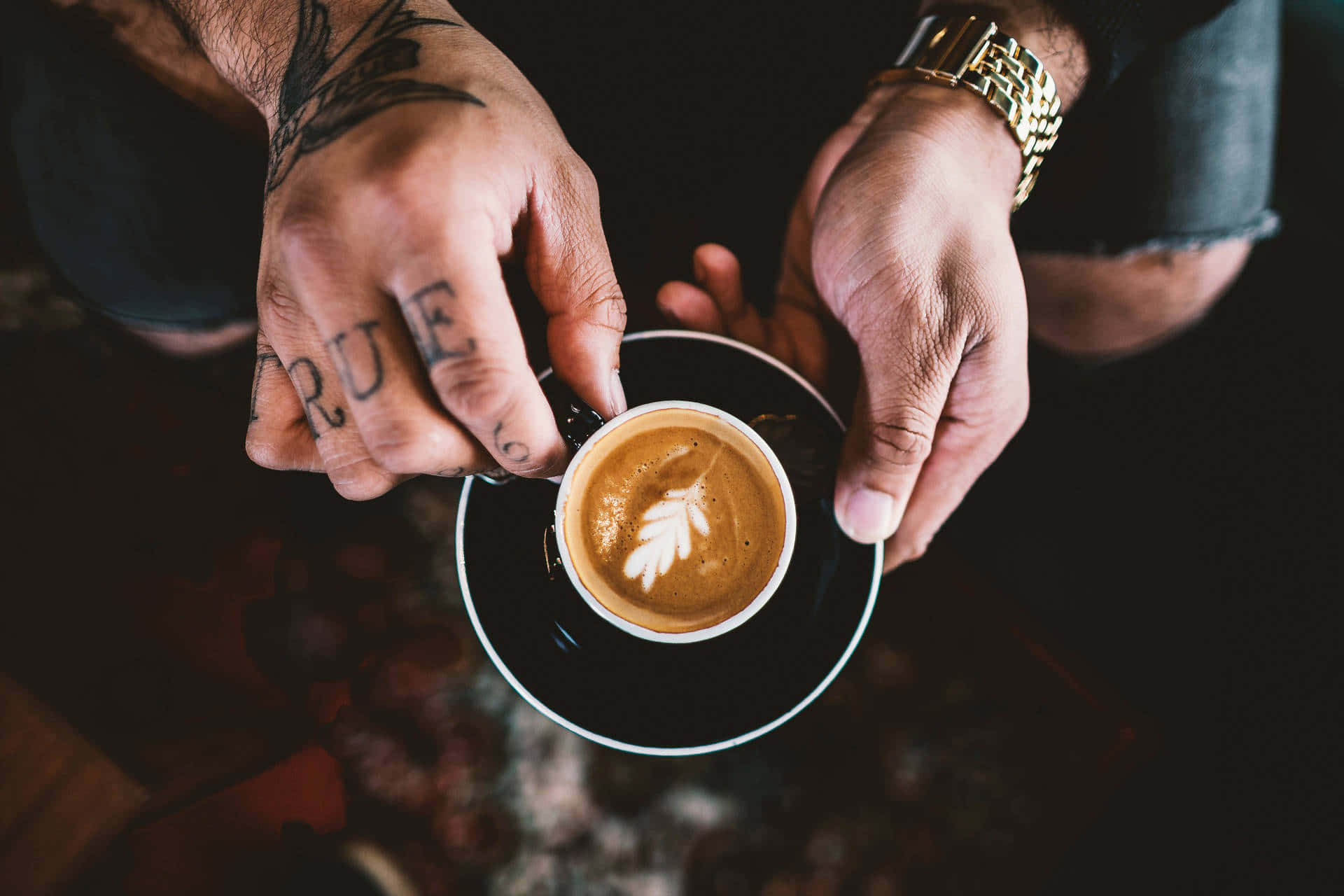 espresso, leaf latte art, tattooed hands, Full HD Desktop Wallpaper