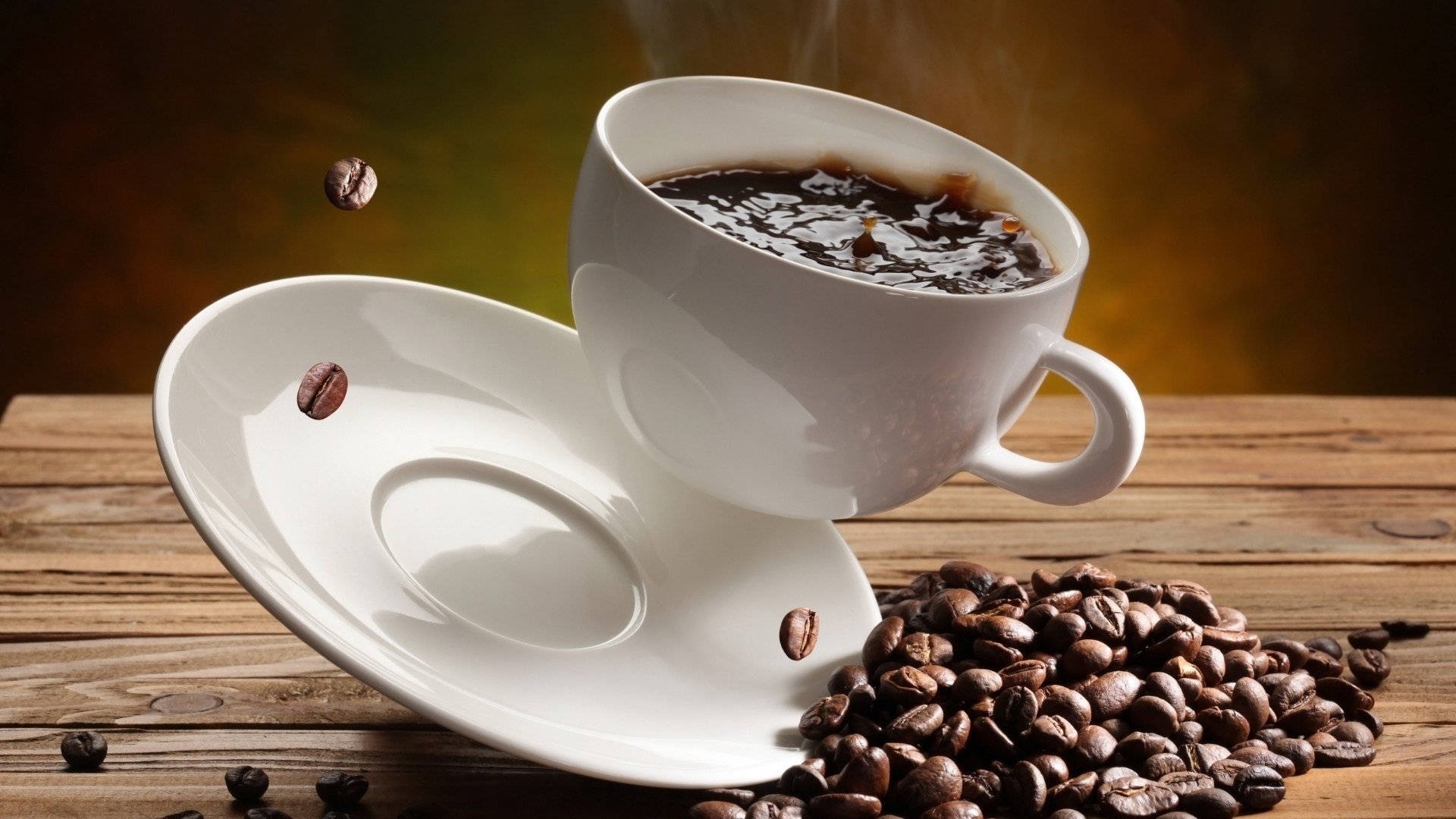 steaming white coffee cup, roasted coffee beans, rustic wooden table, Full HD Desktop Wallpaper