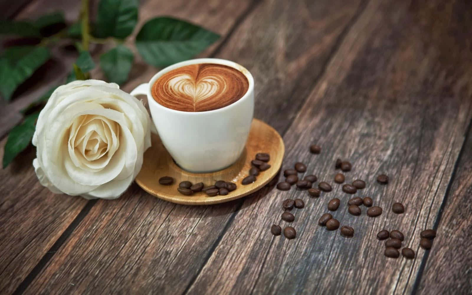 white rose, heart-shaped latte art coffee, rustic wooden table, HD Desktop Wallpaper
