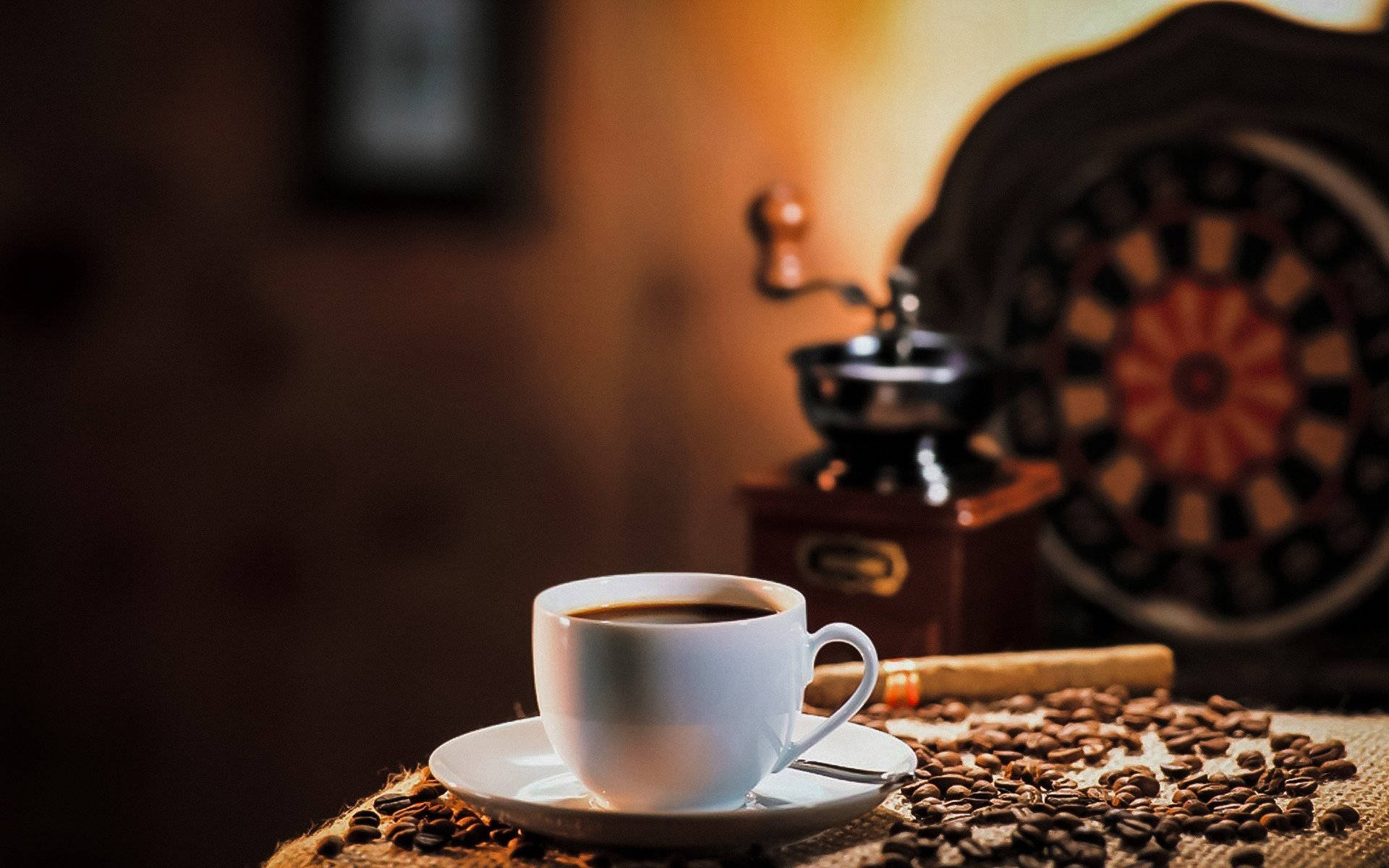 coffee cup, coffee beans, grinder, Full HD Desktop Wallpaper