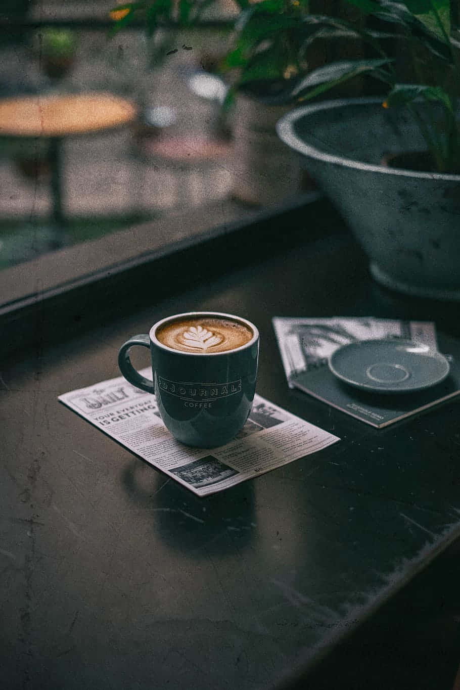 dark green cup, latte art coffee, newspaper, HD Phone Wallpaper