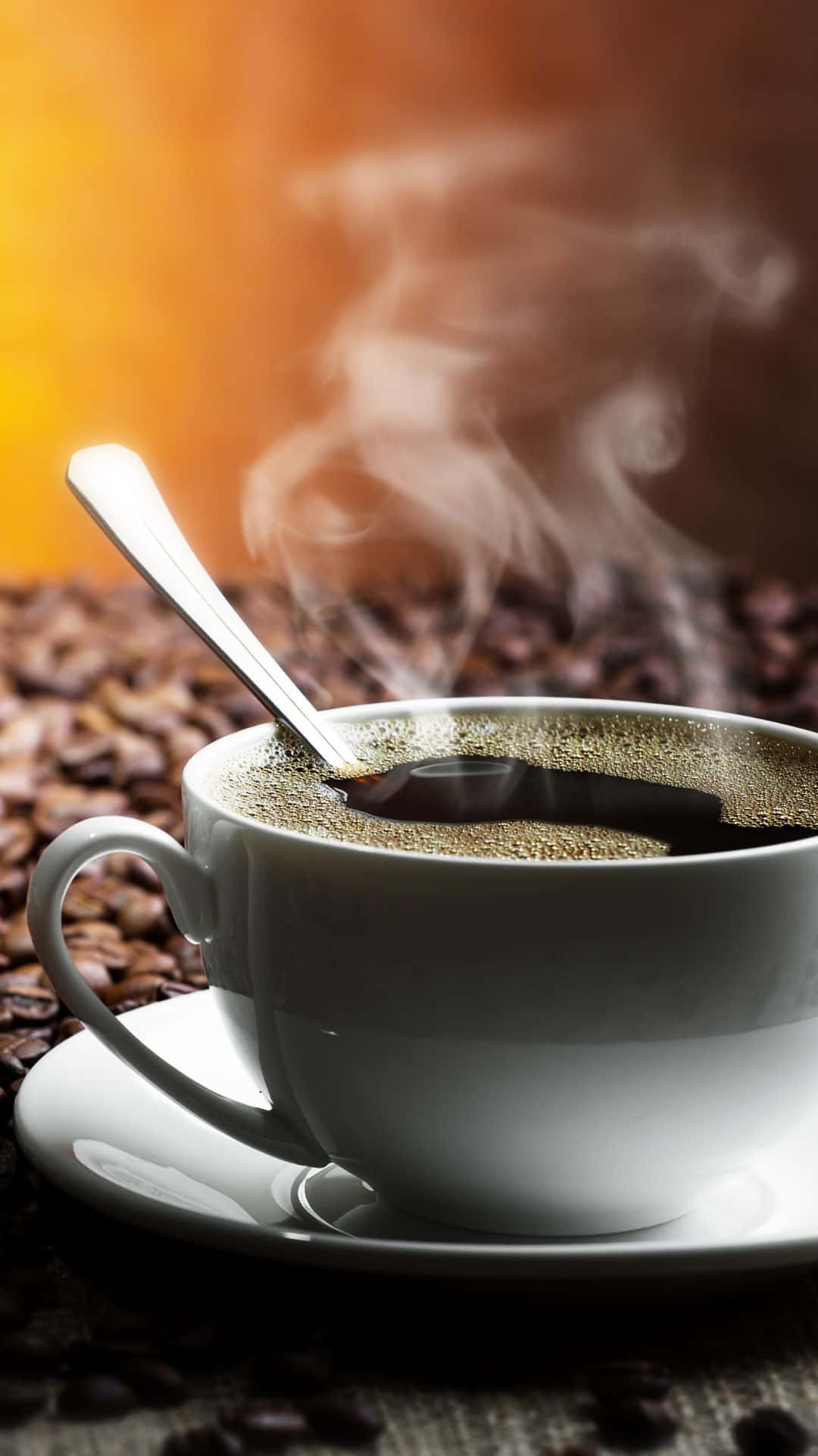 fresh brewed cup of coffee, steaming white coffee cup, spoon, Full HD Phone Wallpaper