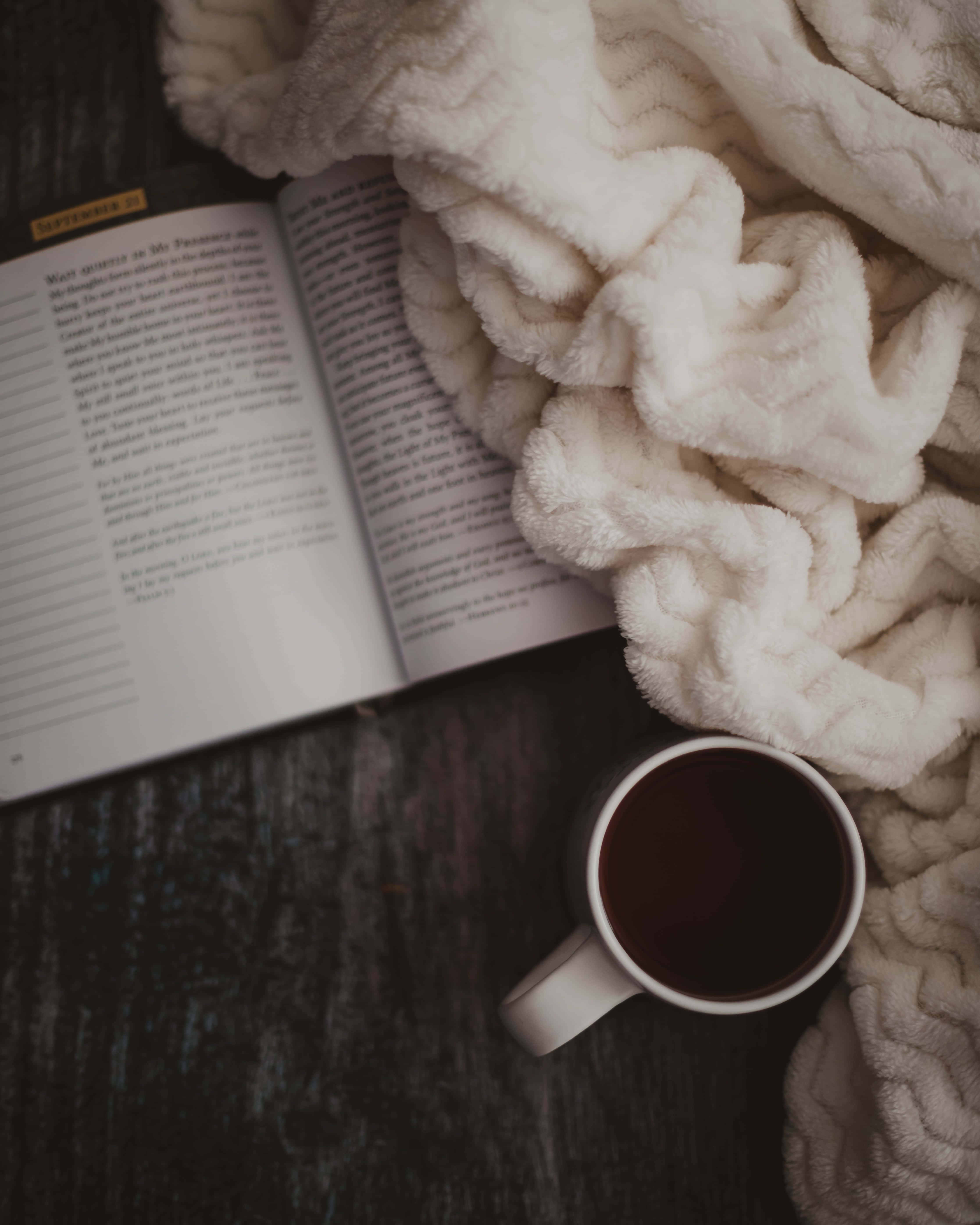 coffee cup, open book, fluffy white blanket, 5K Phone Wallpaper