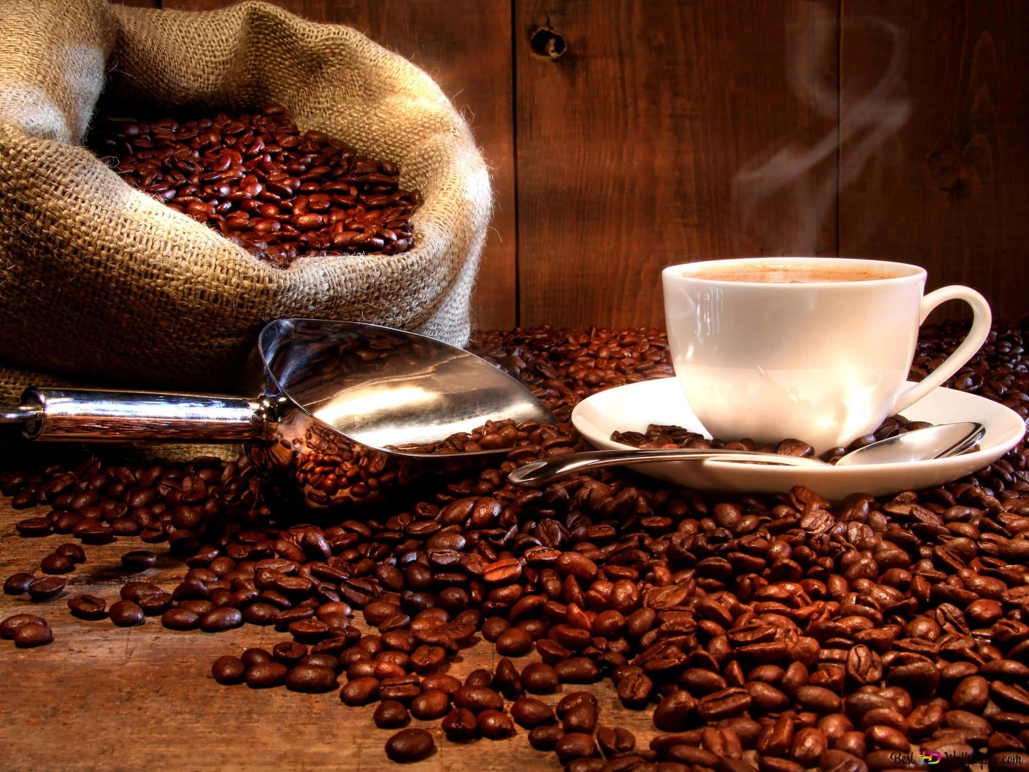 coffee cup, roasted coffee beans, burlap sack, Full HD Desktop Wallpaper