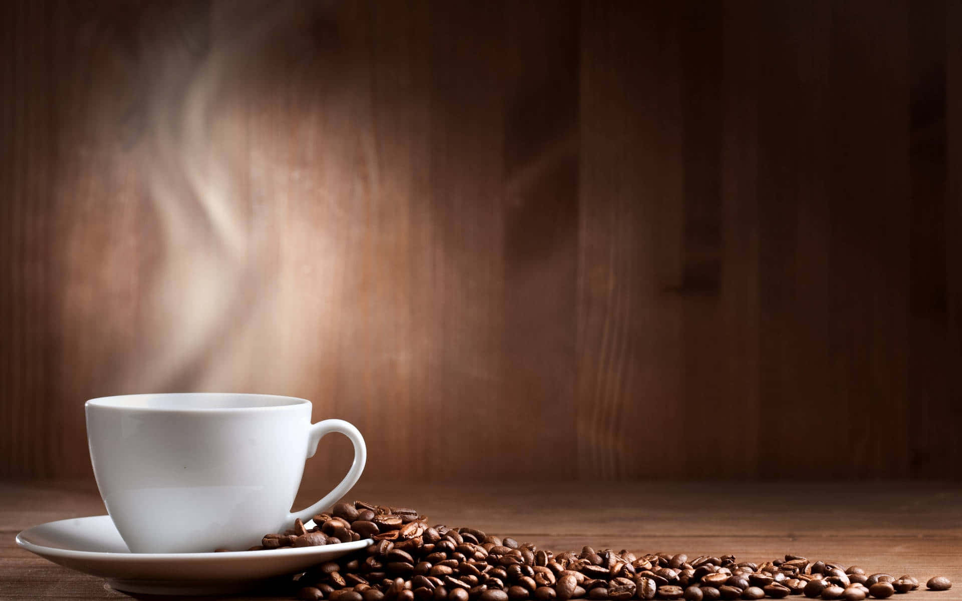 plain white cup of coffee, steaming, roasted beans, Full HD Desktop Wallpaper