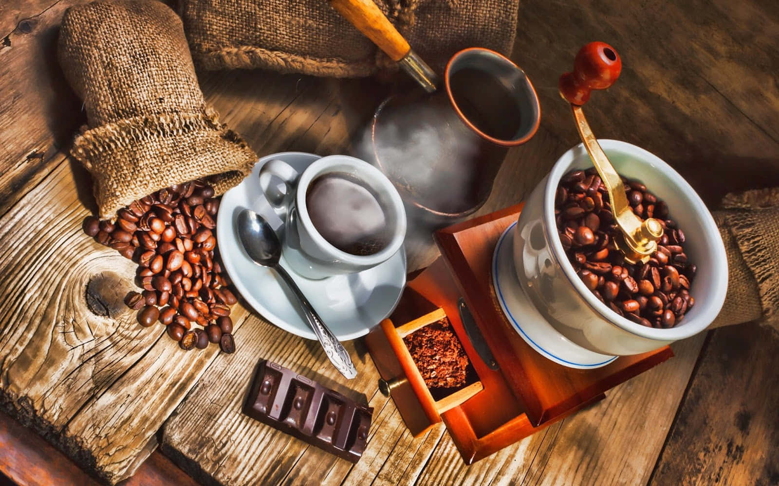 cup of coffee, rustic wooden table, burlap sack of beans, HD Desktop Wallpaper
