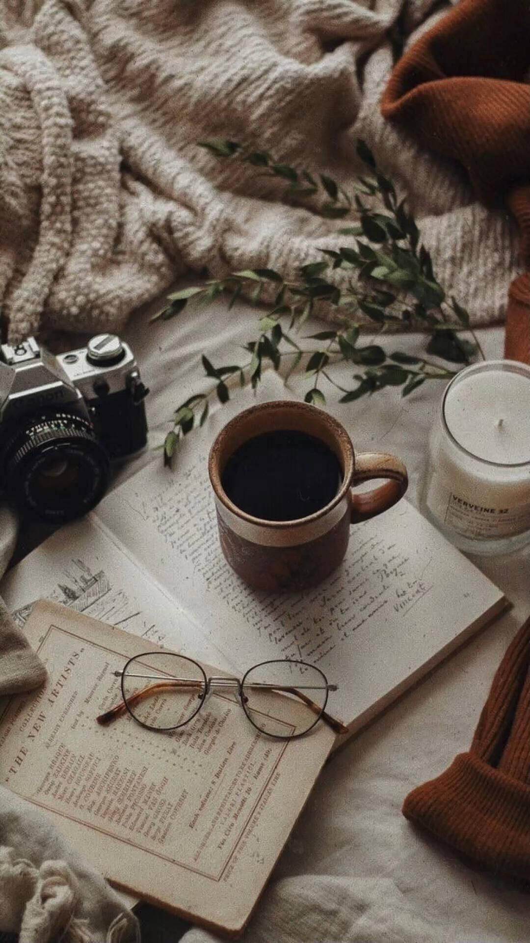 coffee mug, open book, vintage camera, Full HD Phone Wallpaper