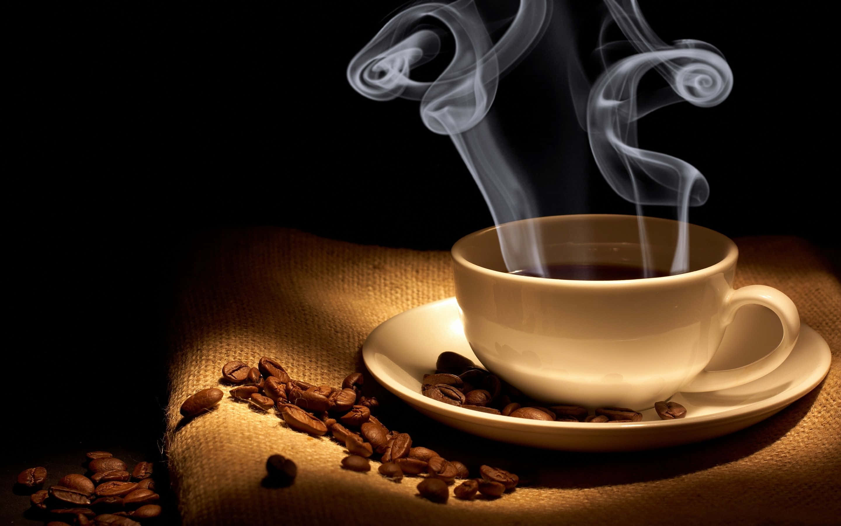 hot cup of coffee, steaming white coffee cup, saucer, 2K Desktop Wallpaper