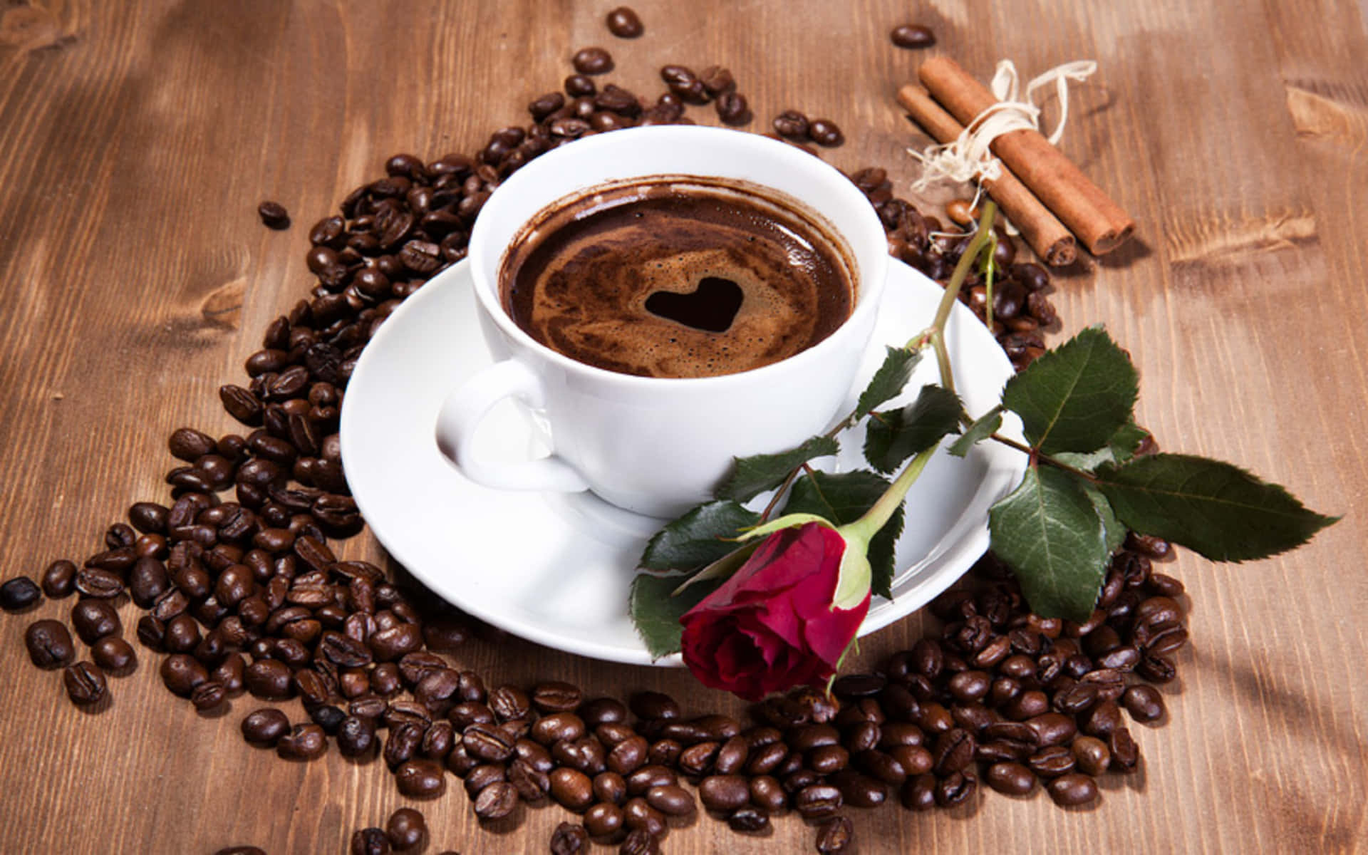 white coffee cup, heart-shaped foam, wooden table, Full HD Desktop Wallpaper