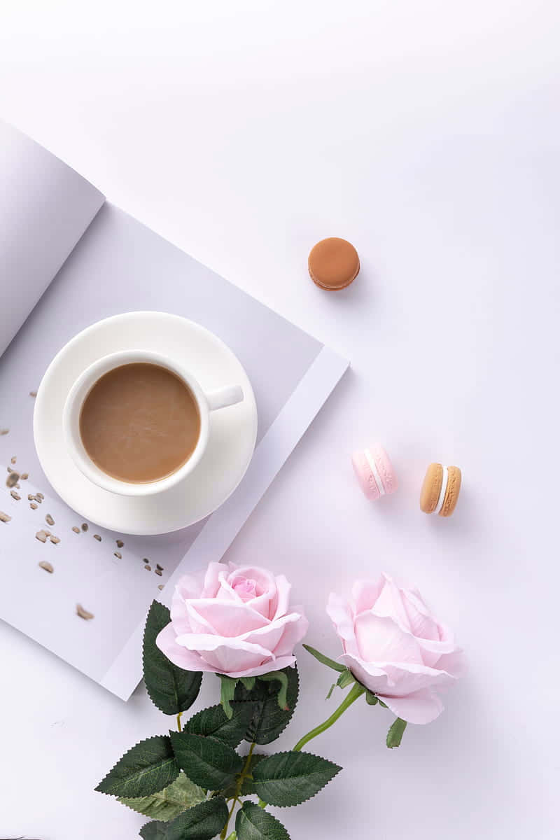 coffee cup, macarons, pink roses, SD Phone Wallpaper
