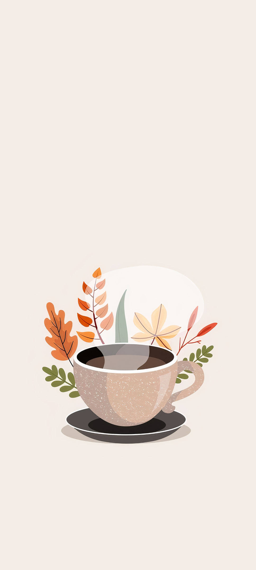 beige speckled coffee cup, autumn leaves, stems, Full HD Phone Wallpaper