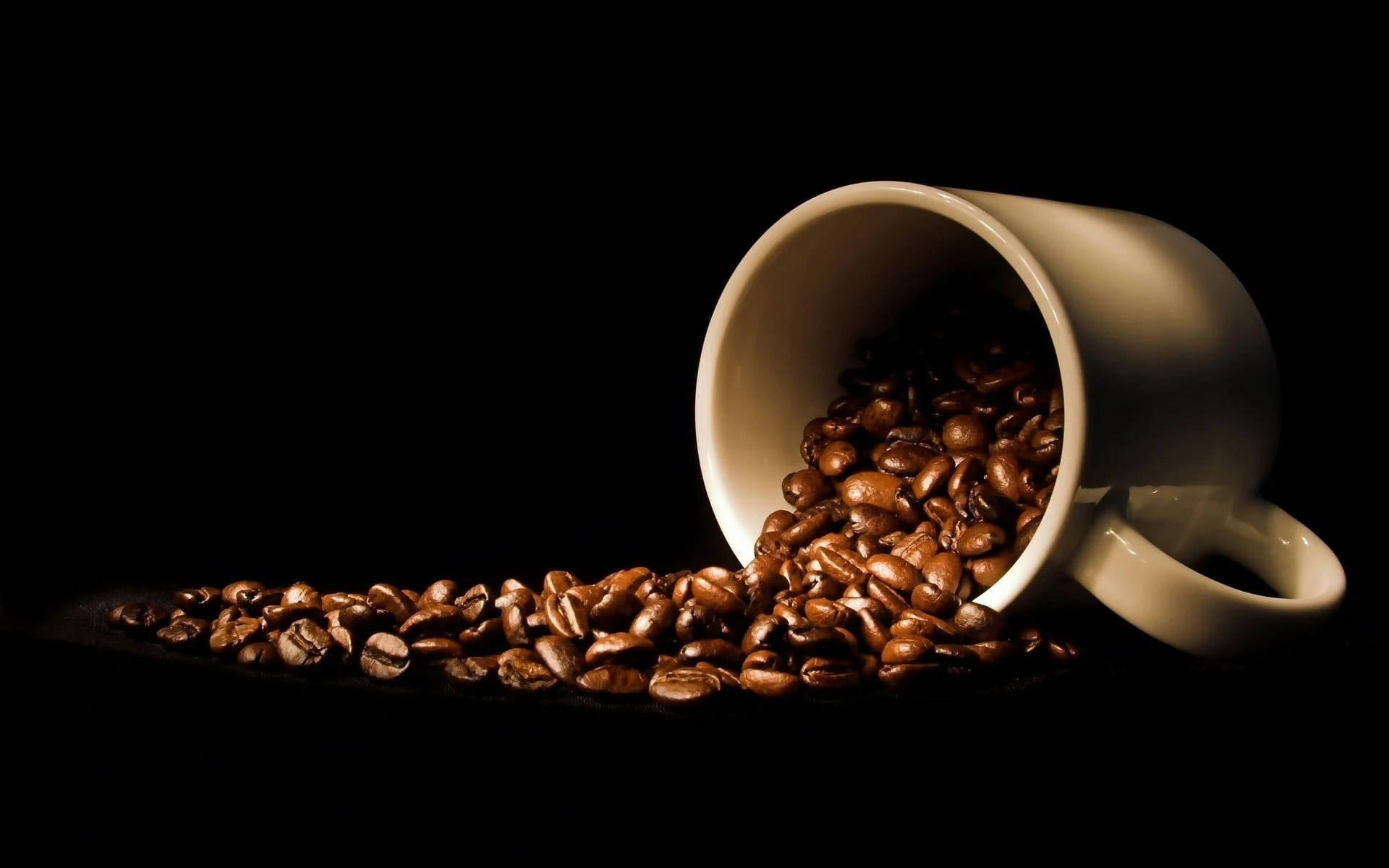 white ceramic mug, rich brown coffee beans, black surface, Full HD Desktop Wallpaper