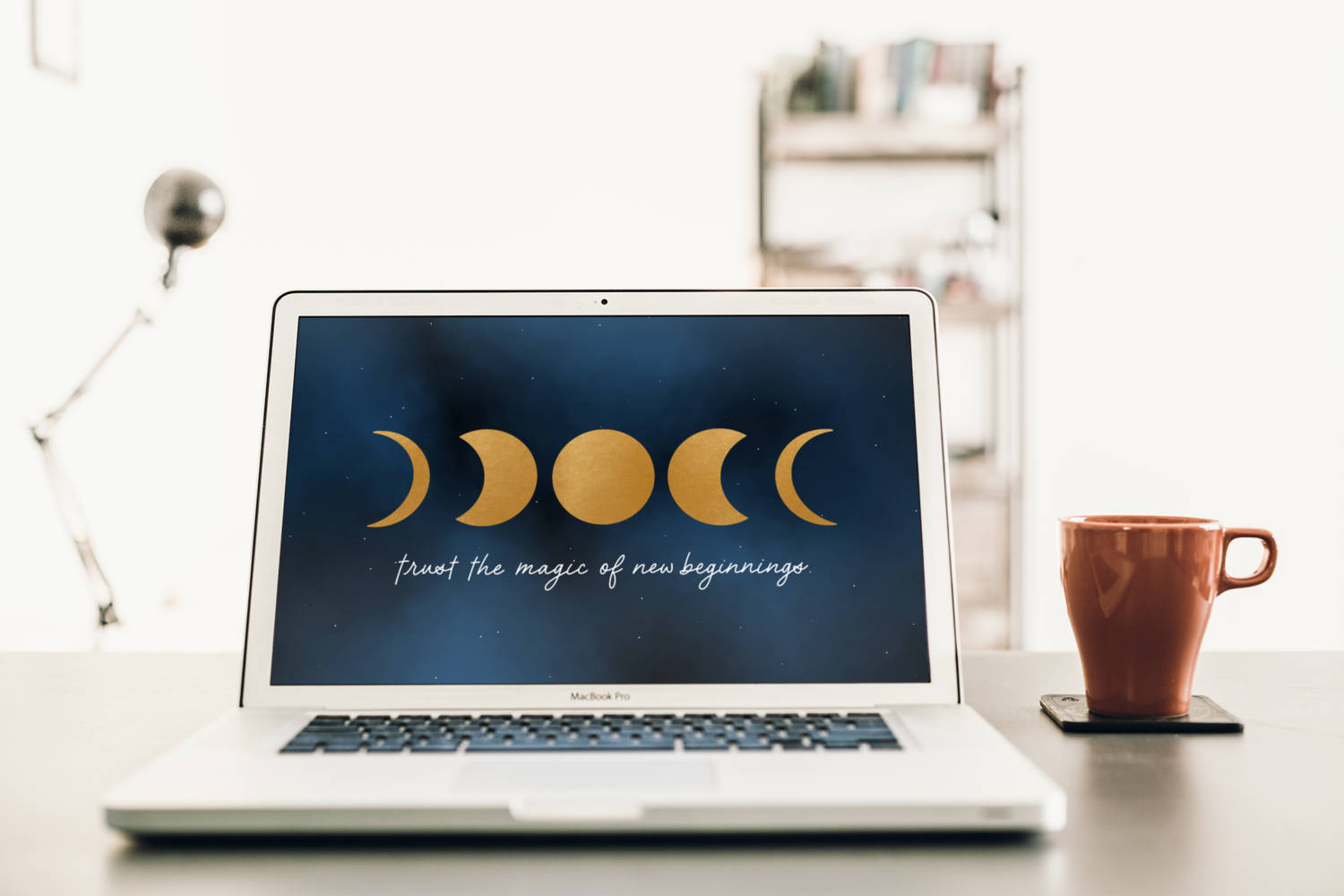 silver laptop, golden moon phases, inspirational text, HD Desktop Wallpaper