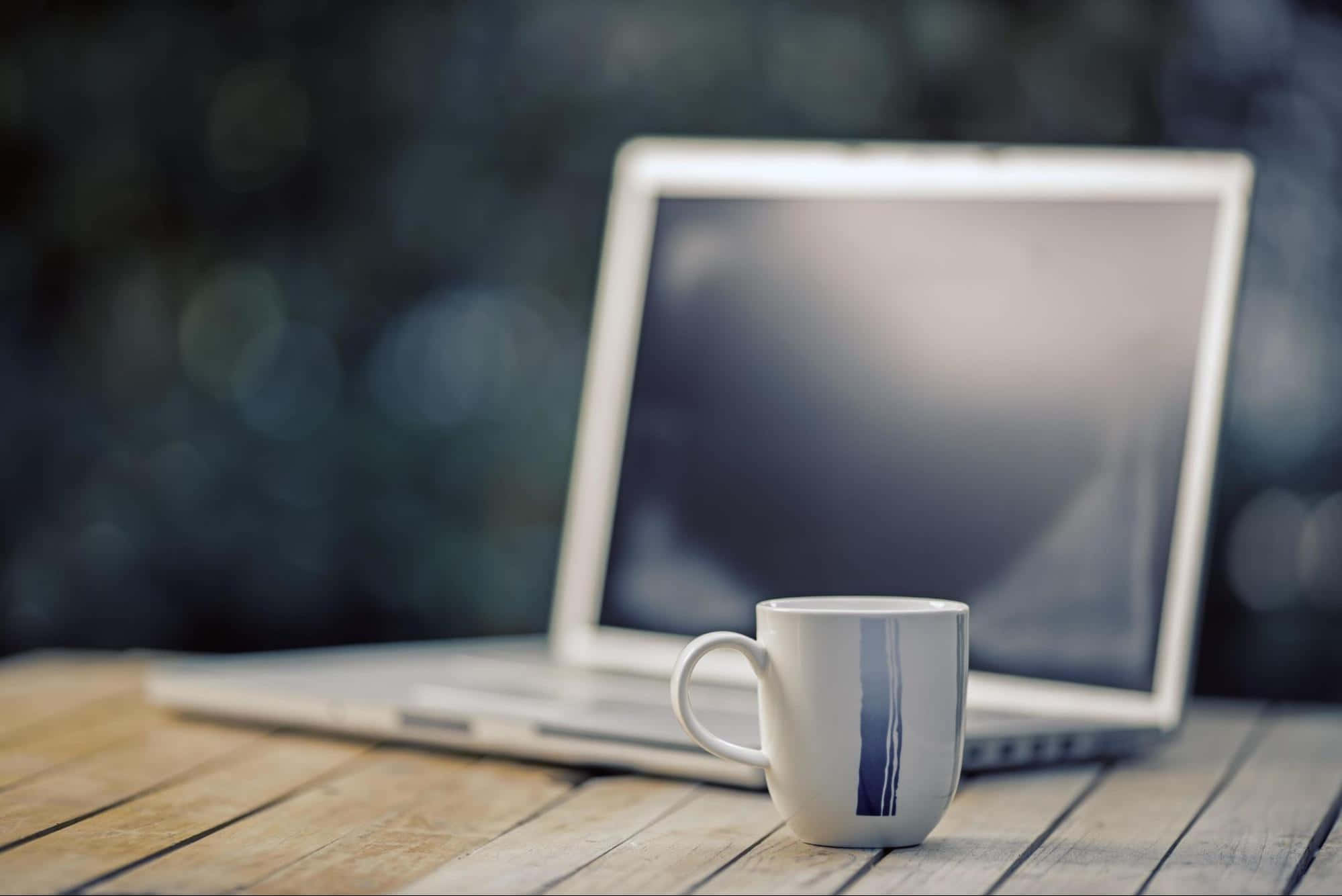 coffee laptop, white mug with blue stripe, silver laptop, Full HD Desktop Wallpaper