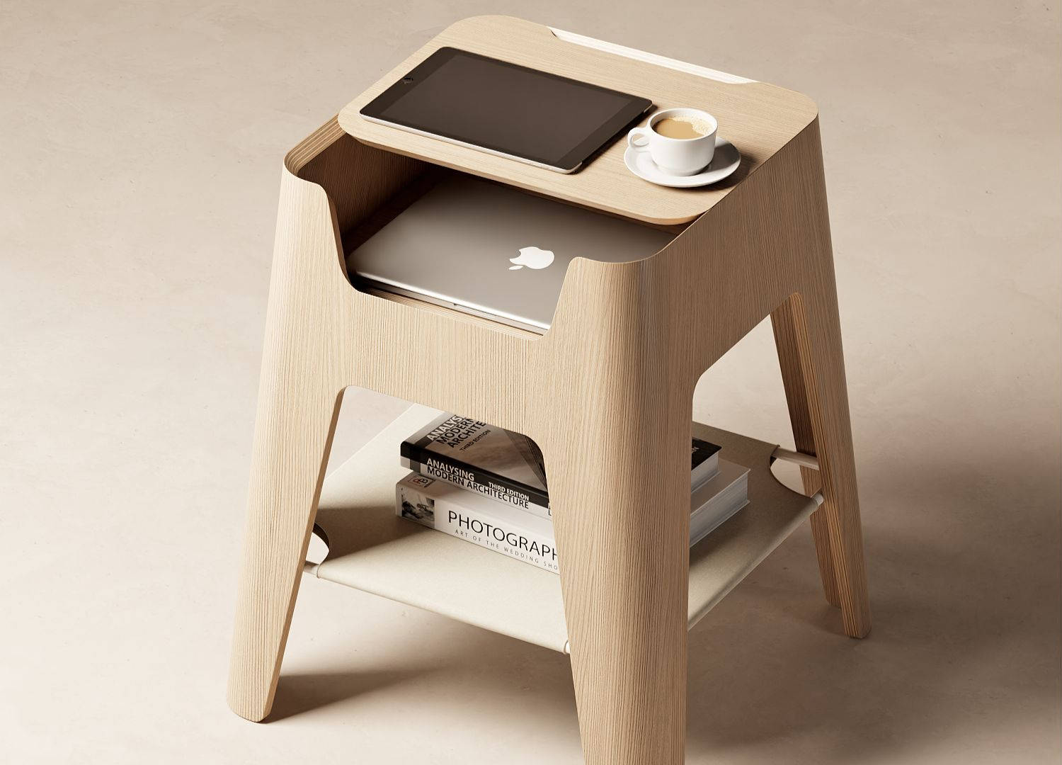 multifunction coffee and laptop bedside table, modern wooden stool, laptop and tablet slots, HD Desktop Wallpaper