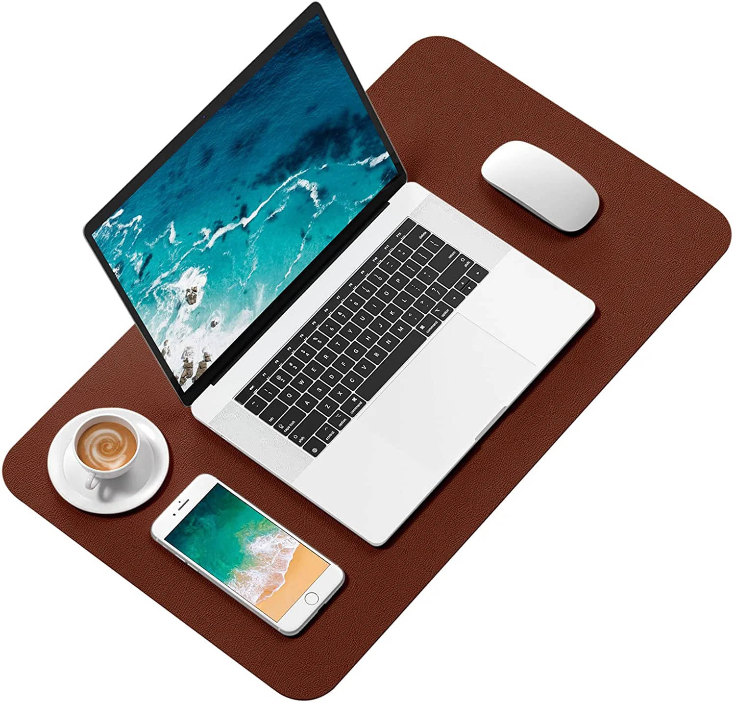 silver laptop, brown leather mat, coffee cup, HD Desktop Wallpaper