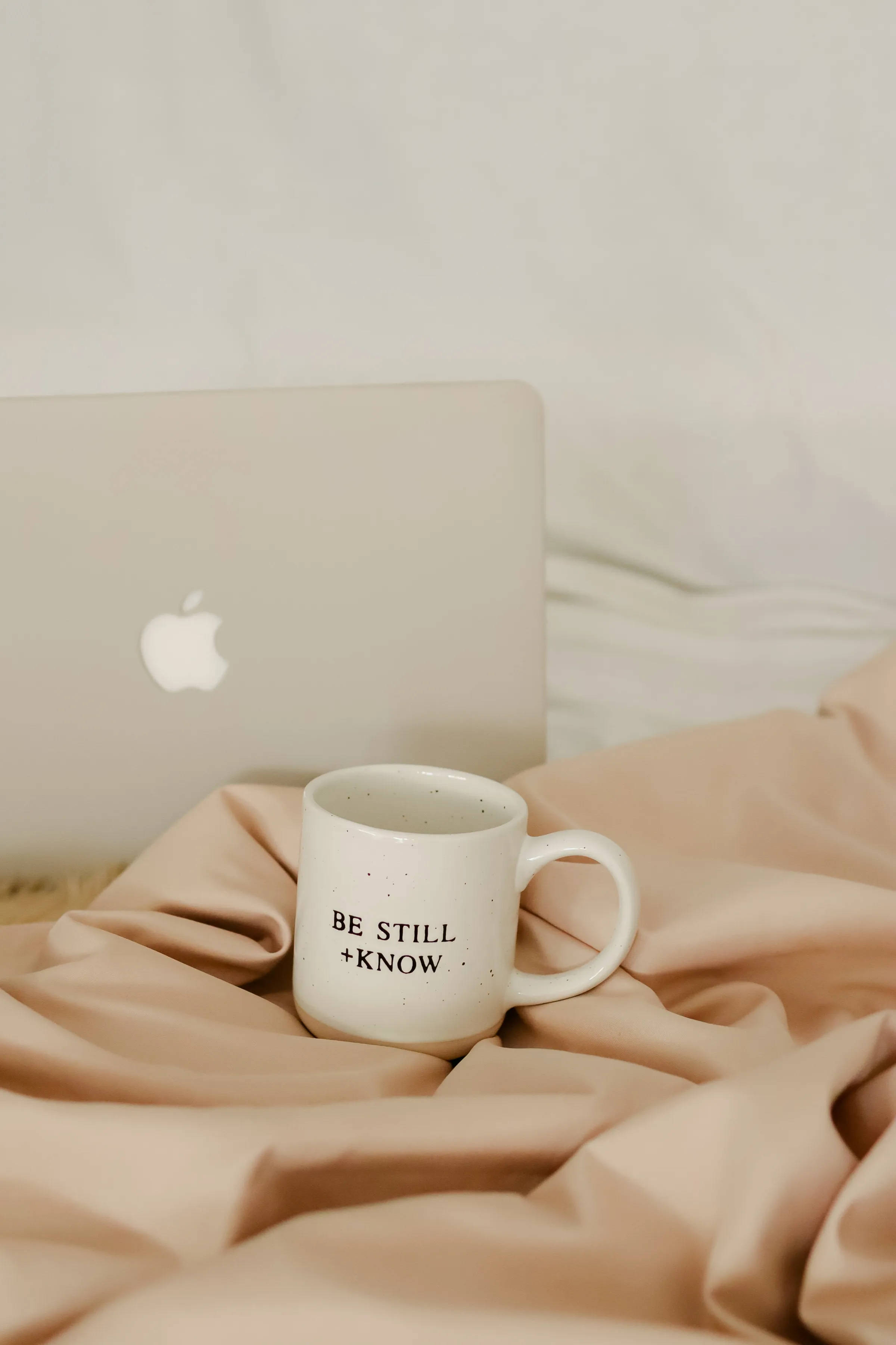 BE STILL + KNOW, white speckled mug, silver laptop, 2K Phone Wallpaper