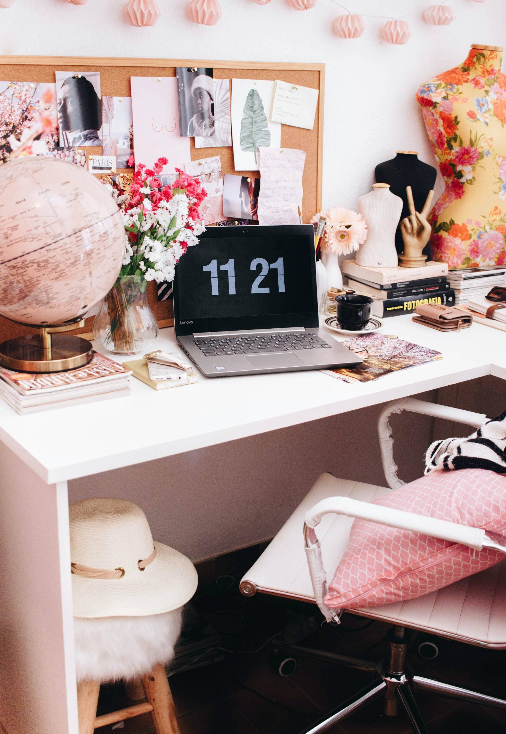 pink boho chic office coffee laptop, pink-themed home office desk, laptop, 2K Phone Wallpaper