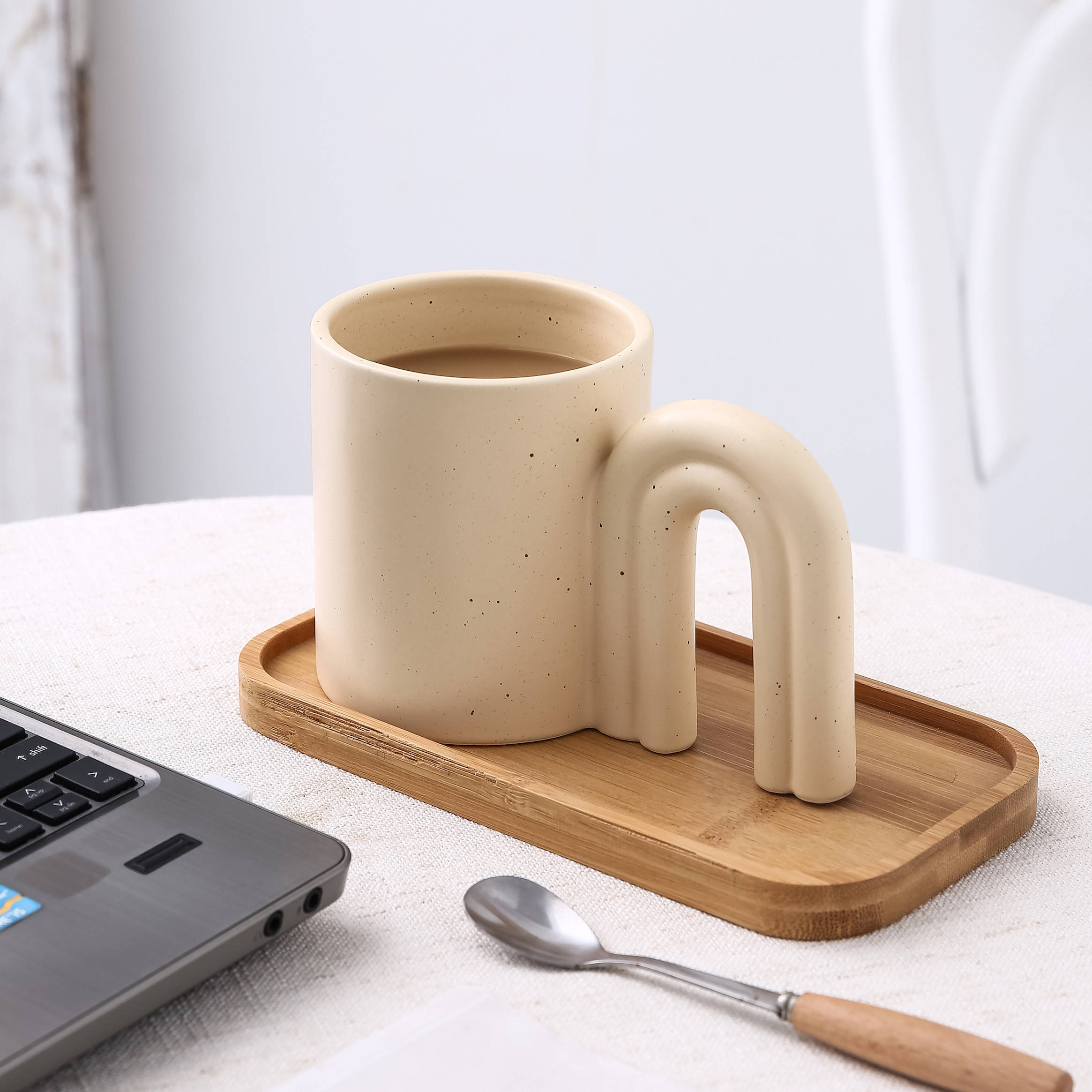 beige speckled mug, curved handle, wooden tray, Full HD Desktop Wallpaper