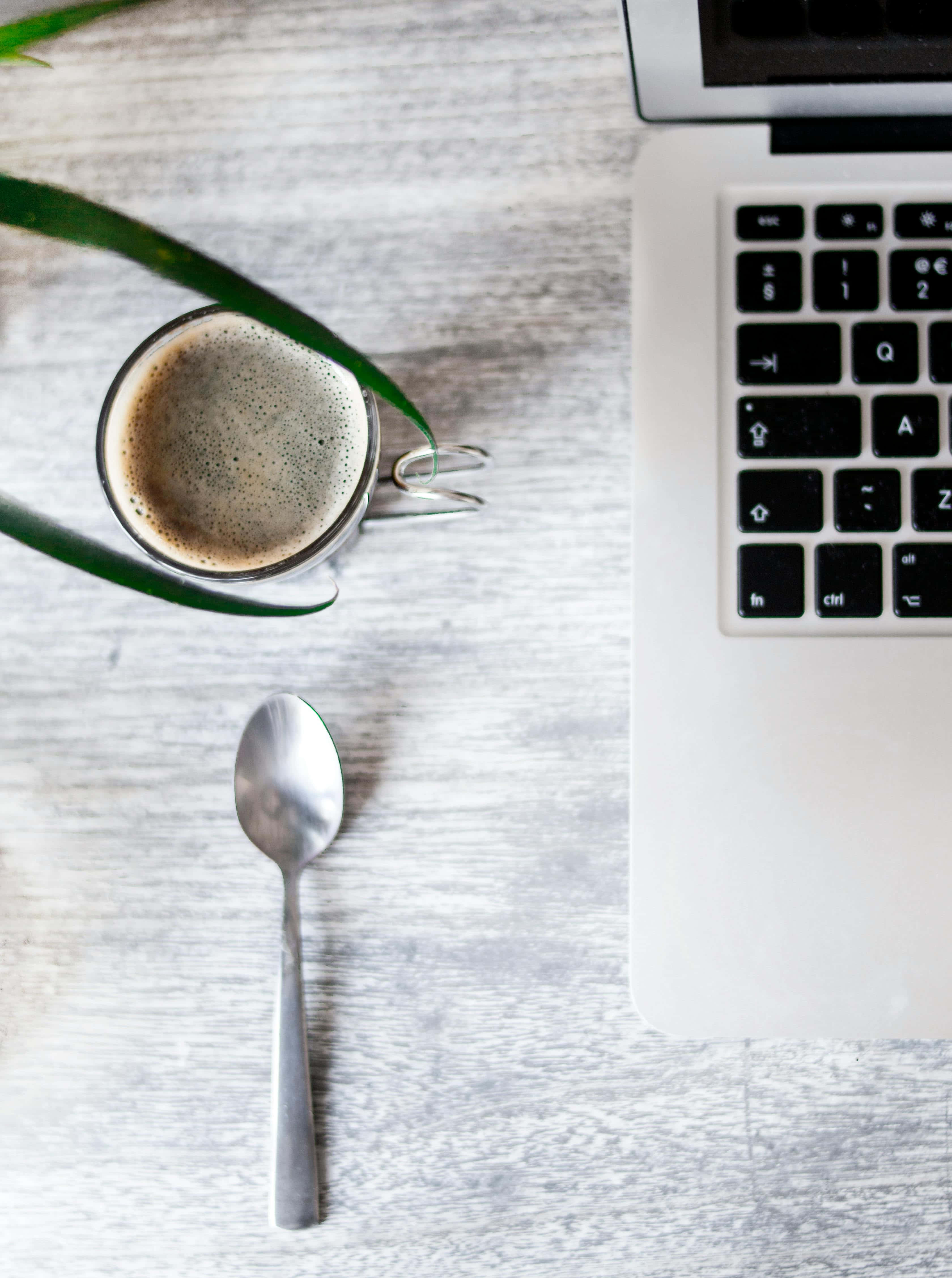 coffee cup, spoon, laptop, 4K Phone Wallpaper