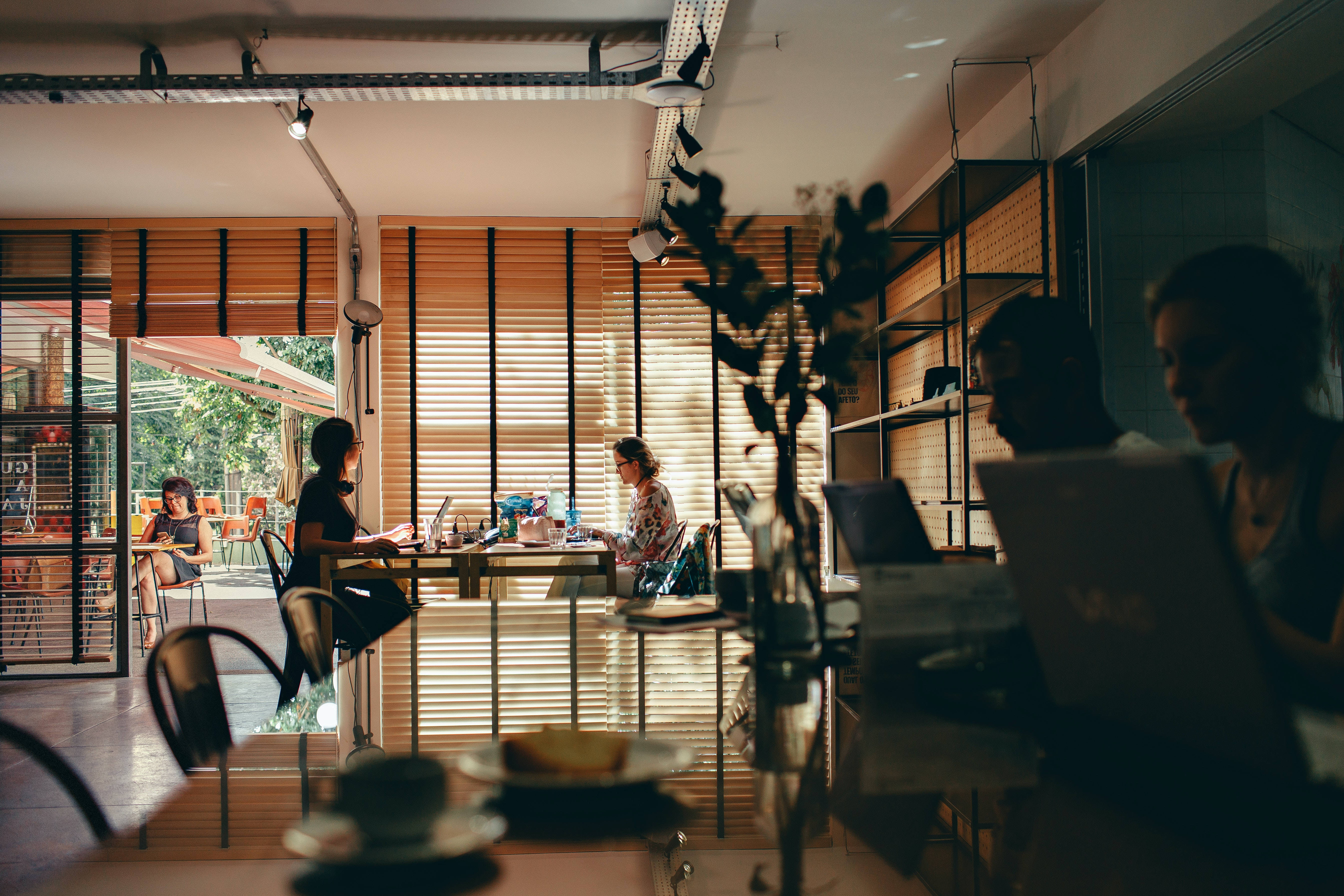 warm sunlight, wooden blinds, laptops, 5K Desktop Wallpaper