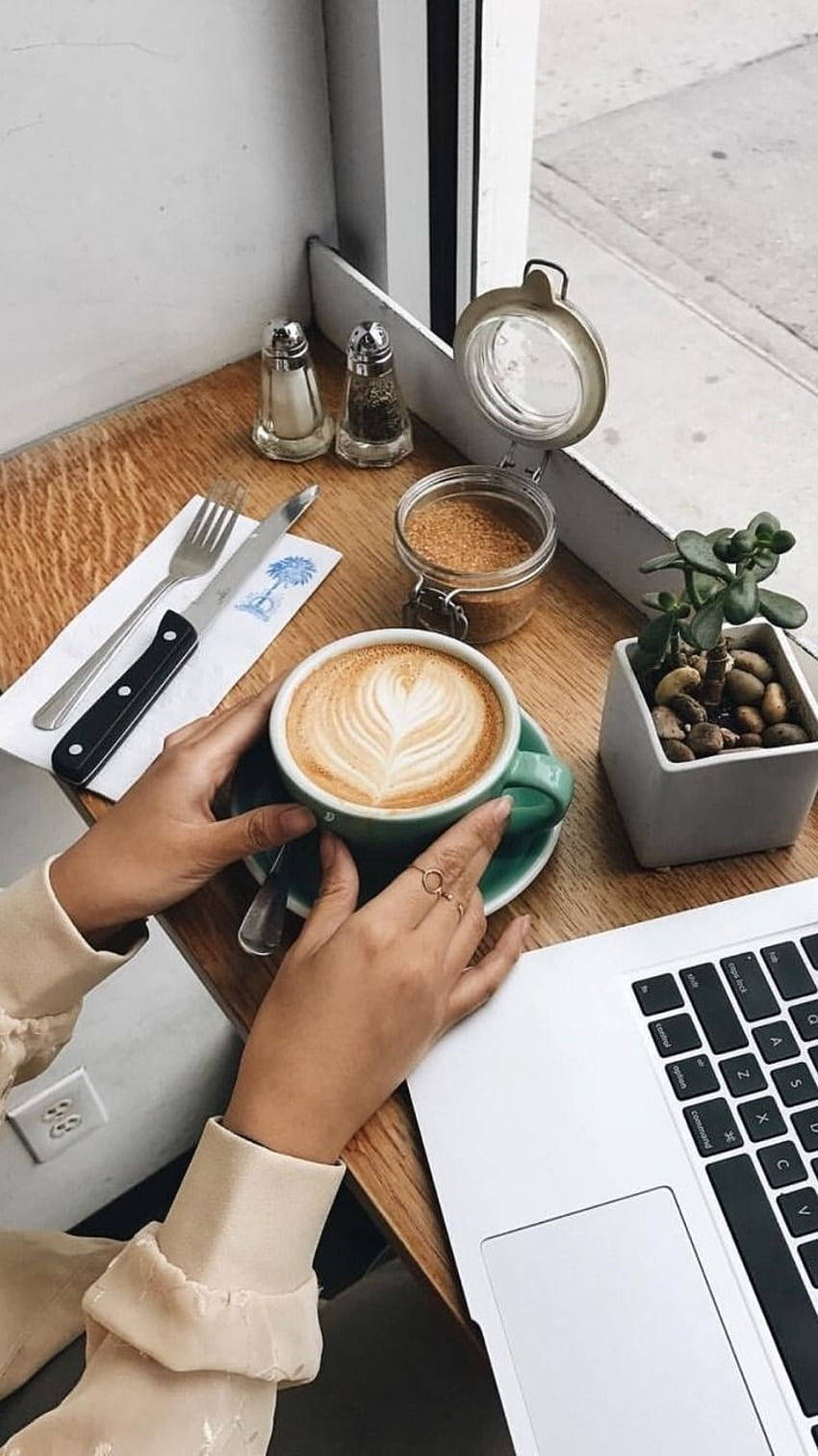 latte with heart art, laptop, succulent, HD Phone Wallpaper