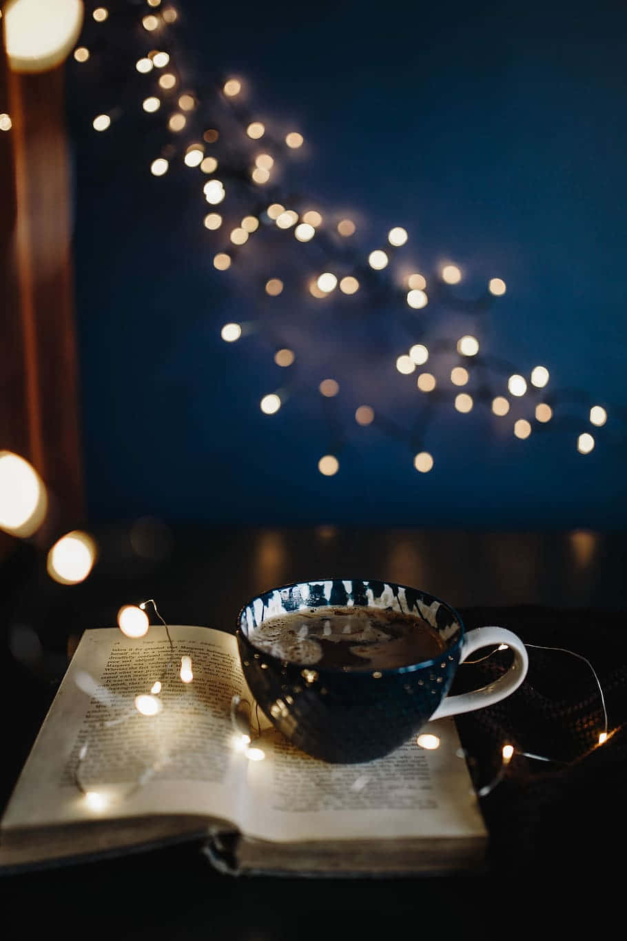 warm string lights, dark blue backdrop, cozy cup of coffee, HD Phone Wallpaper