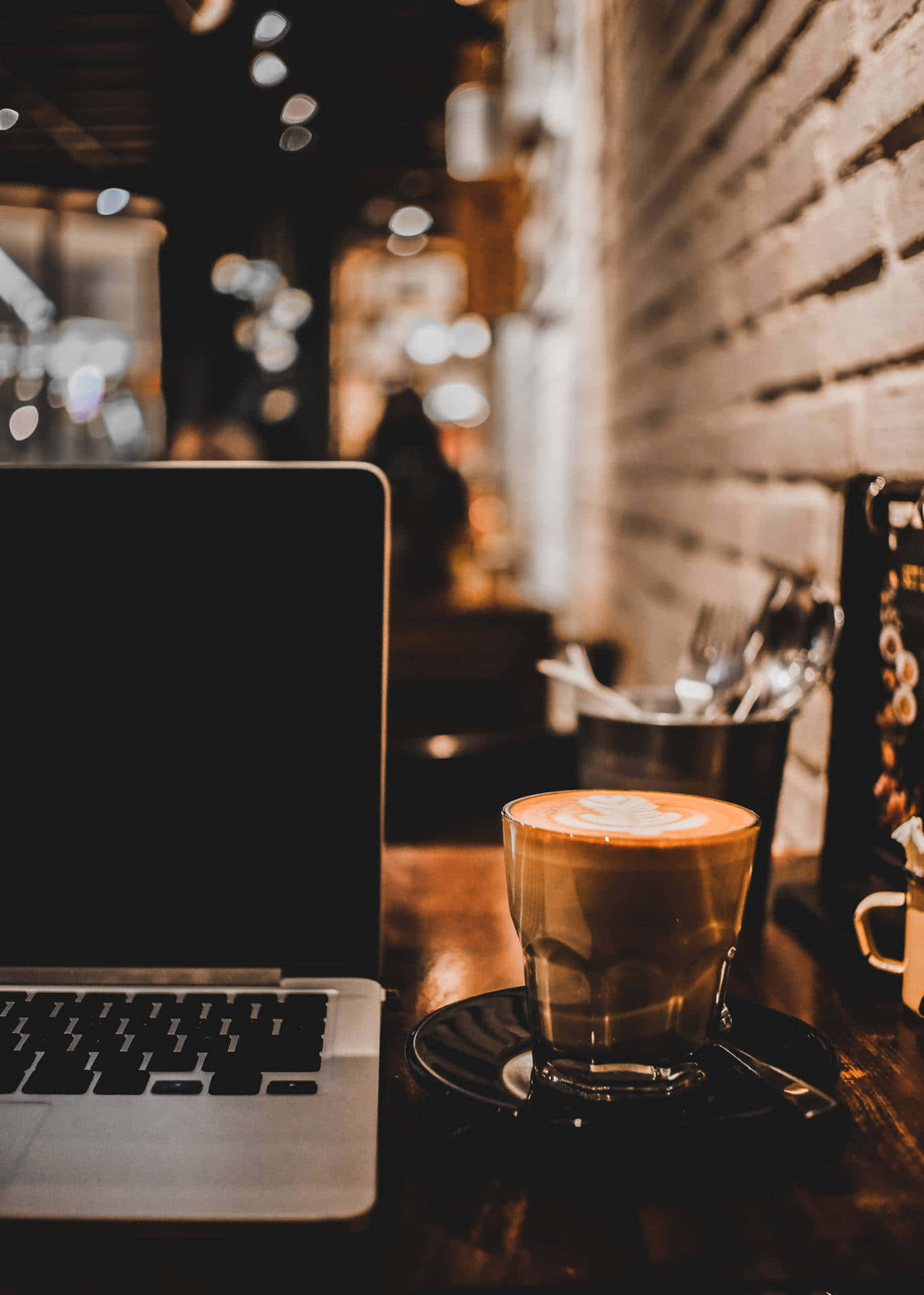 latte with heart art, laptop, wooden table, Full HD Phone Wallpaper