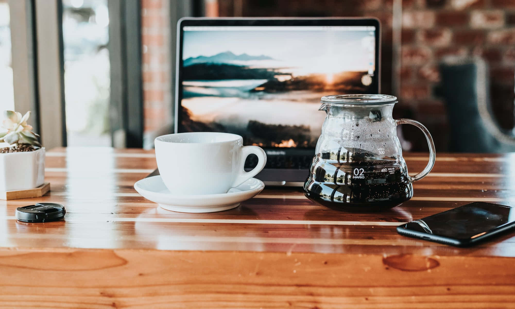 white coffee cup, glass carafe, wooden table, Full HD Desktop Wallpaper