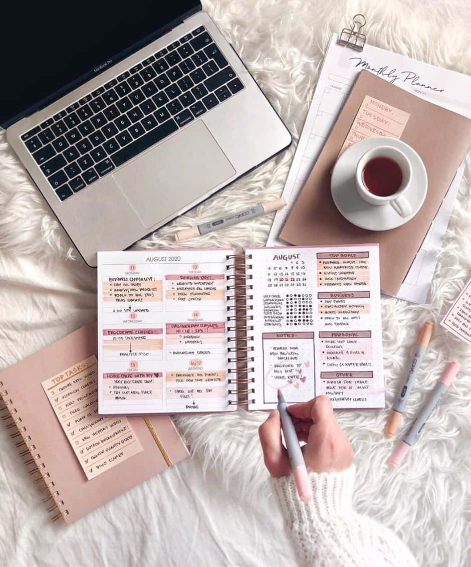 pink August 2020 planner, laptop, tea cup, SD Phone Wallpaper